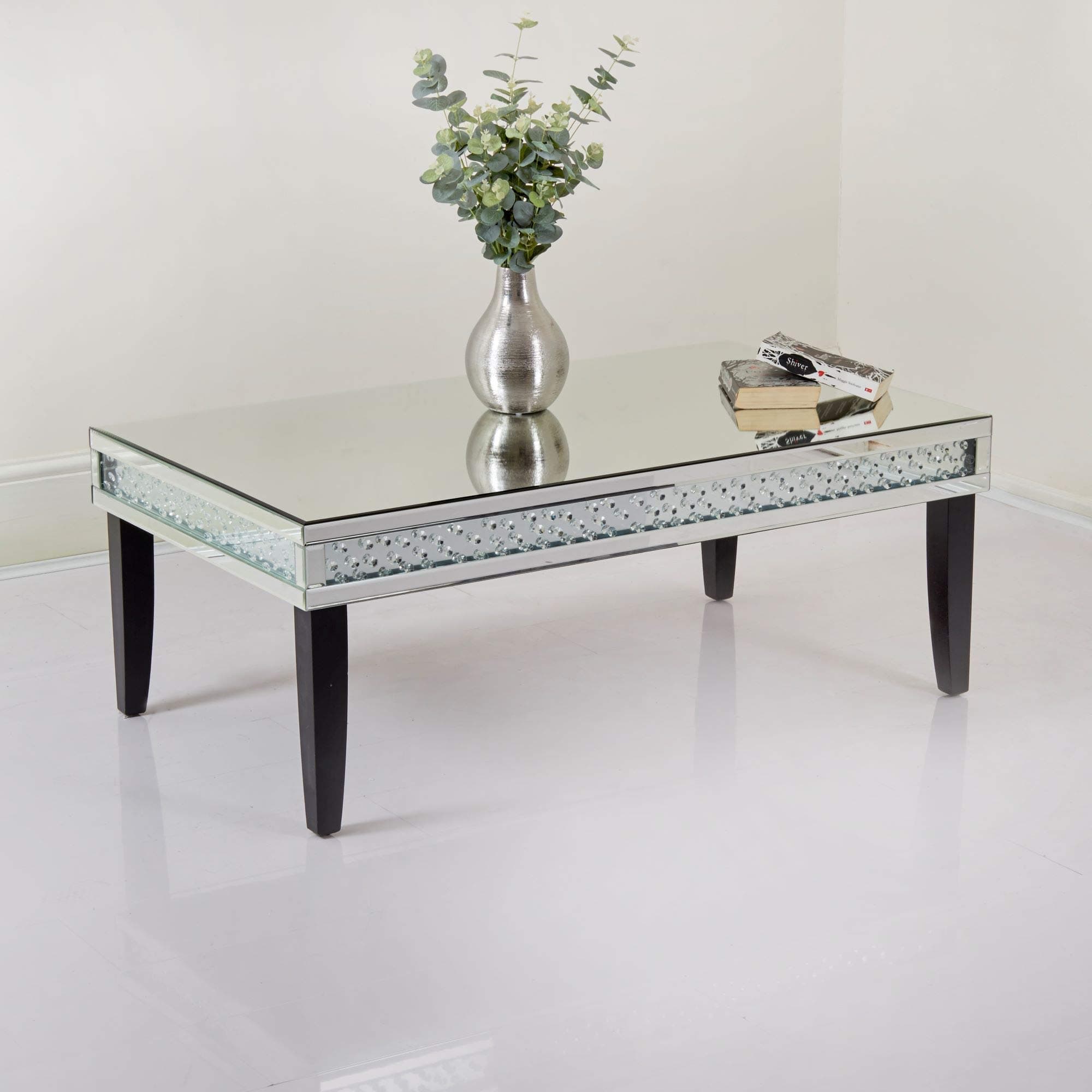 Abreo Floating Crystal Mirrored Furniture Sideboard Coffee Table Bedside Console TV Stand Dressing Mirror Vanity Bedroom Living Room Drawers Storage(Coffee Table with Black Legs)