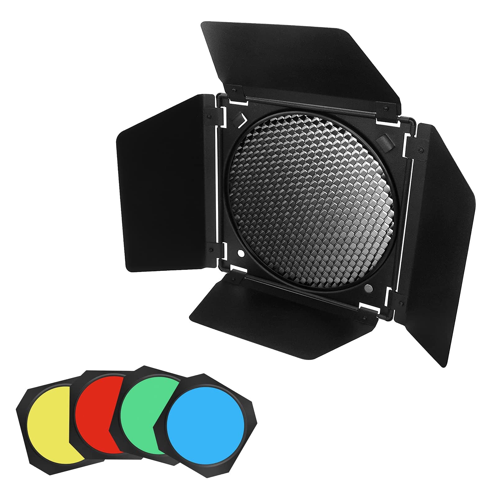 Soonpho BD-04 Barn Door with Honeycomb Grid and 4 Color Gel Filters (Red,Yellow, Blue,Green) for Standard Reflector & Cloth