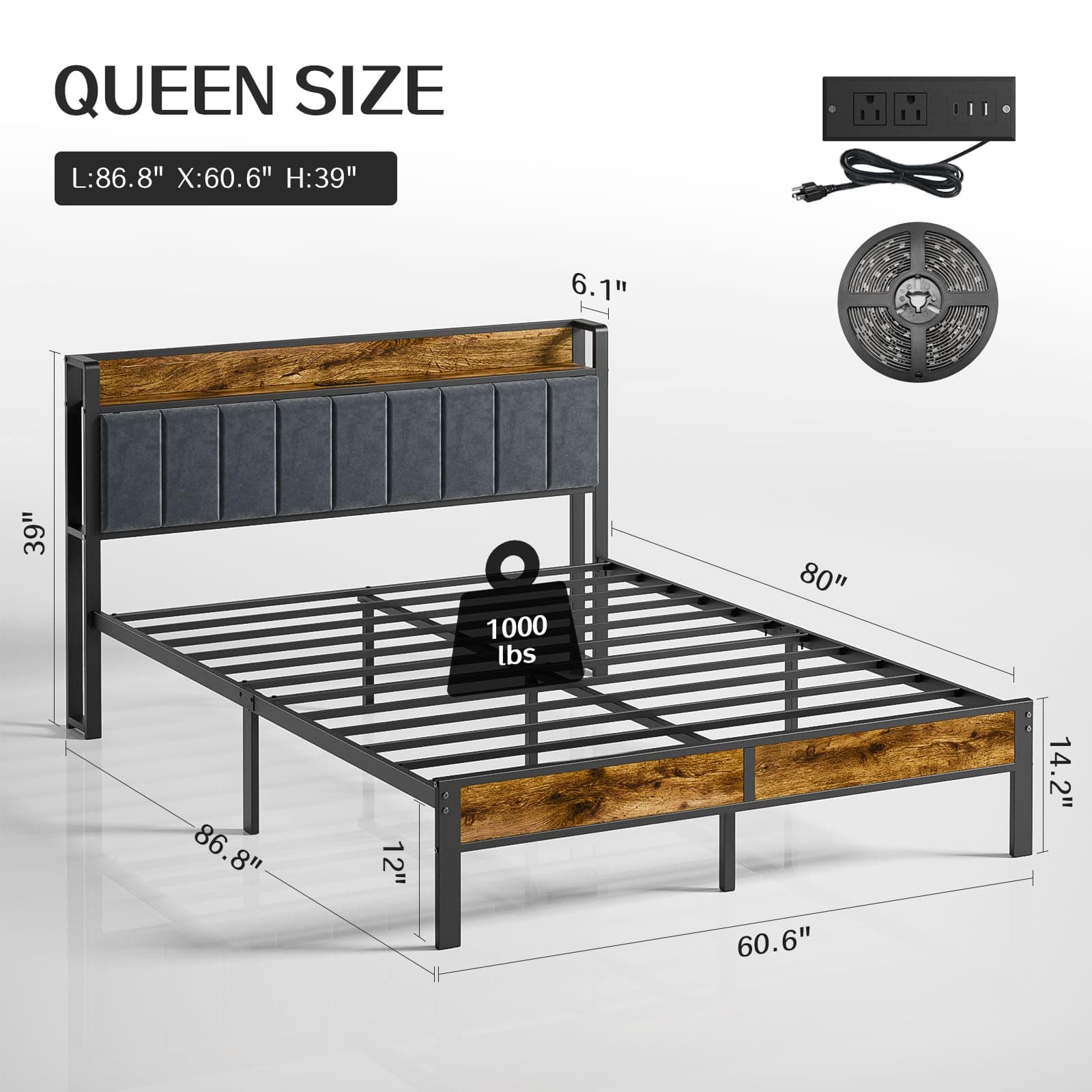 Liians Queen Bed Frame, Queen Size Bed with LED Lighting Headboard, Type C and USB Charging Station, No Box Spring Needed
