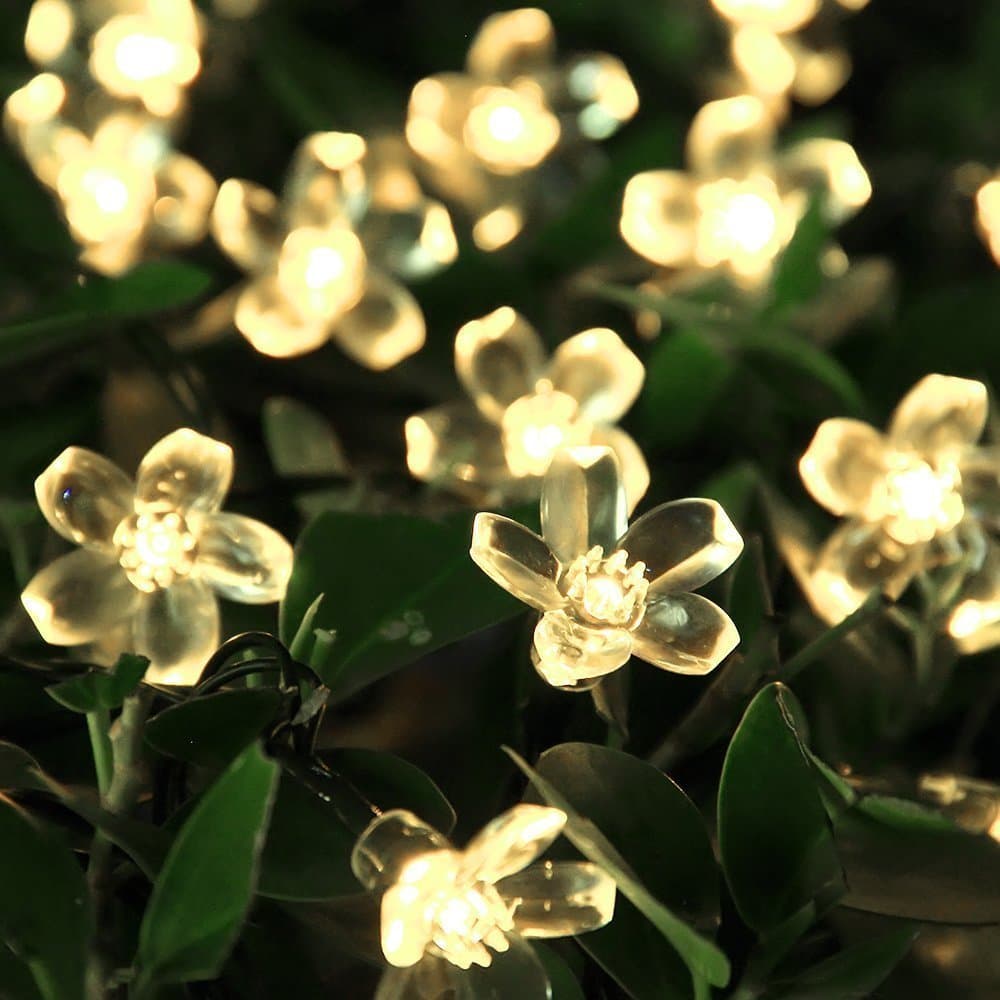 Solar Powered LED Fairy String Lights for Outdoor Garden Patio Party Christmas Tree Xmas Decorations (6m, 50 Flower LEDs, Warm White)