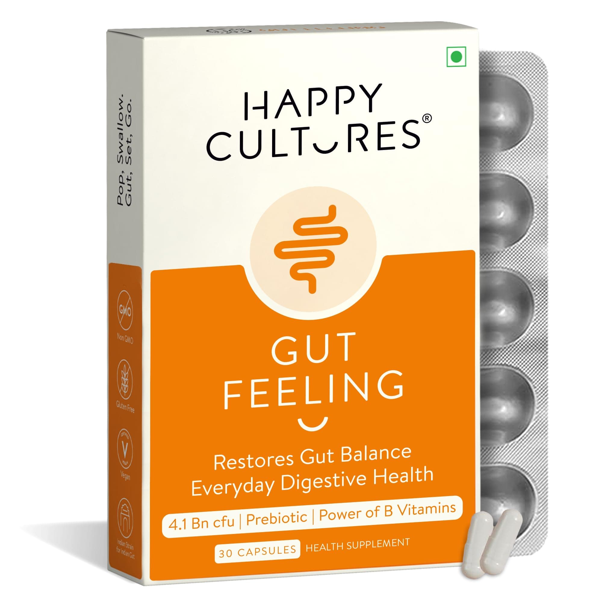 Happy Cultures Gut Feeling Digestion Supplement| Unique Blend Of Probiotics For Daily Digestive Health| B-Vitamins Gut Digestion |Clinically Tested For Men and Women - 30 Veg Capsules
