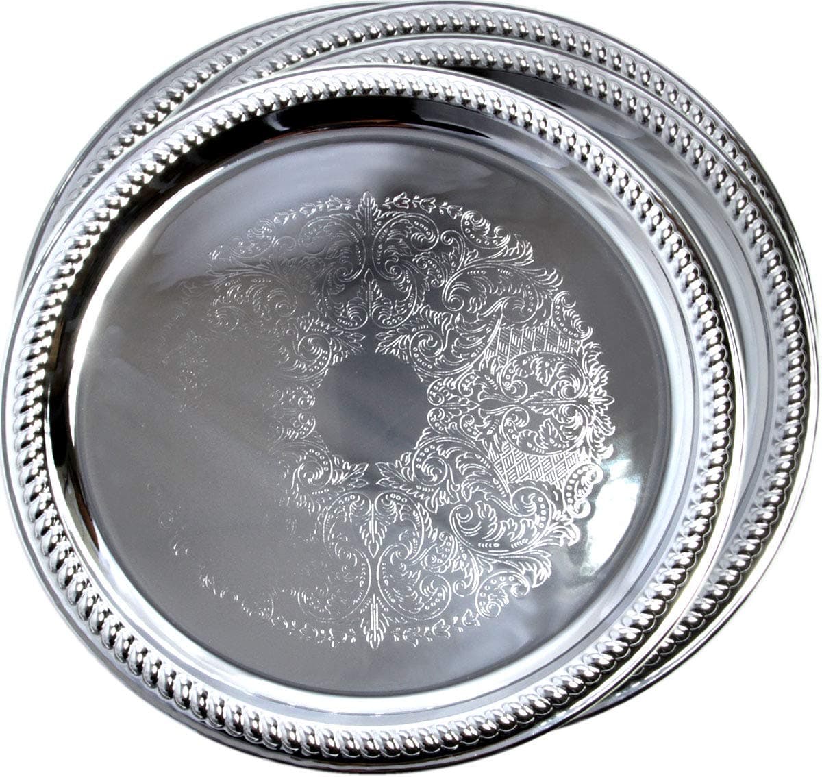 (Pack of 4) 14-Inch Traditional Round Floral Pattern Engraved Catering Chrome Plated Serving Tray Mirror Plate Silver Metal Platter Tableware Wedding Birthday (Extra Large) T139-14-4pk