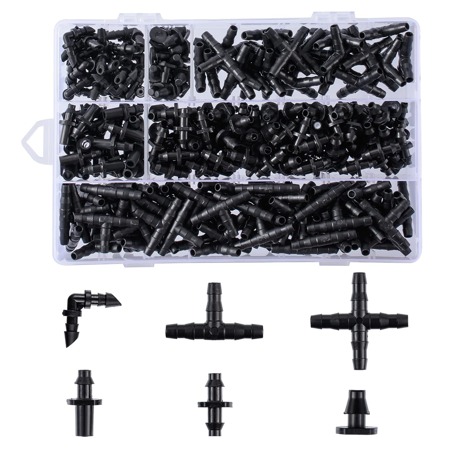 โ 280 Pcs Barbed Connectors Irrigation Fittings Kit,Drip Irrigation Barbed Connectors 1/4''Tubing Fittings Kit for Flower Pot Garden Lawn(Straight Barbs,Single Barbs,Tees,Elbows,End Plug,4-Way Coupling)
