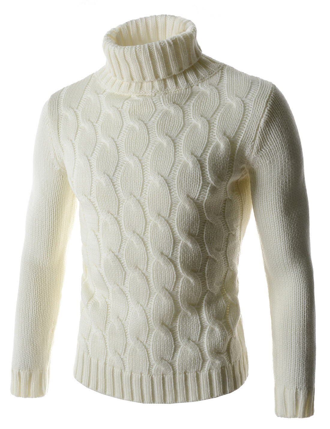 Showblanc (SBTN01 Man Easy Fit Chunky Cable Textured Knit Turtleneck Sweater White US XS(Tag Size M)