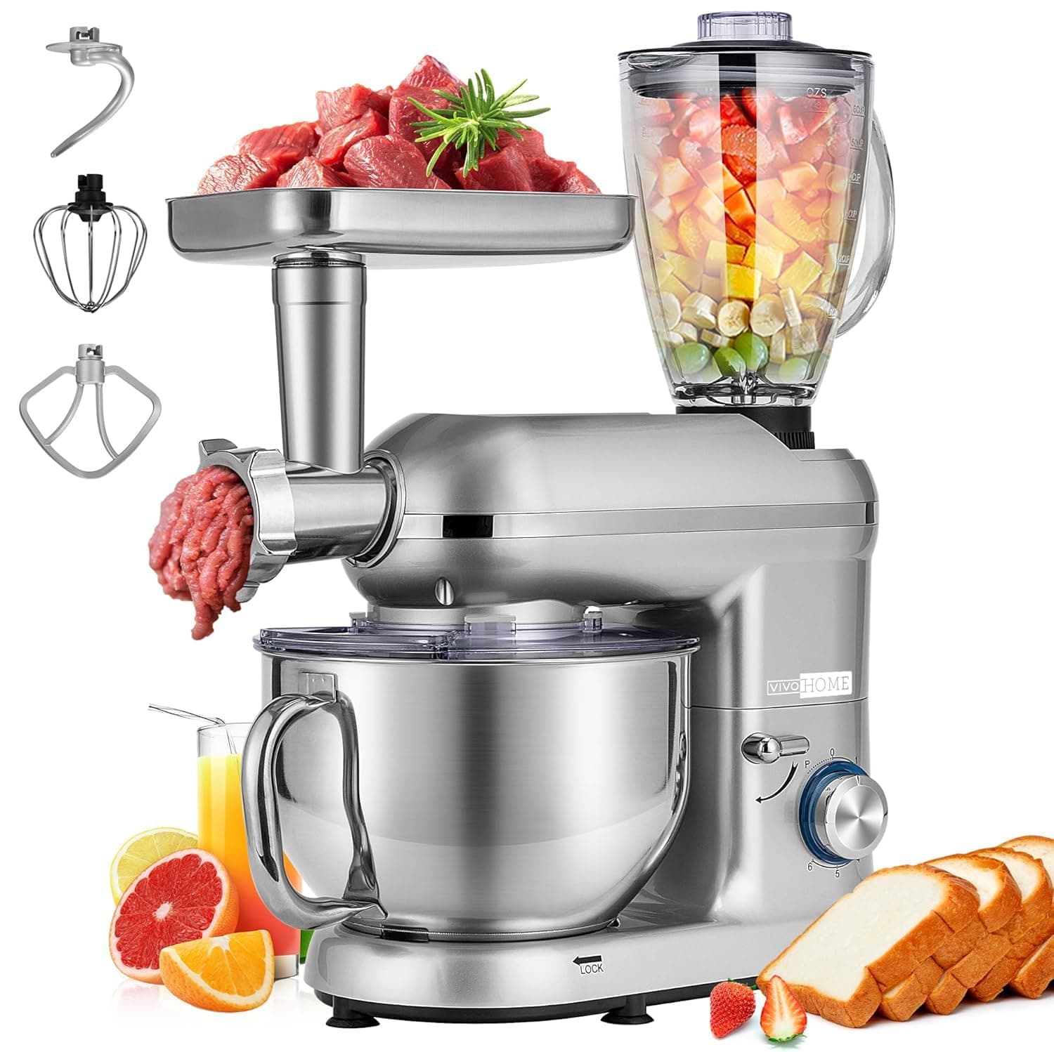 VIVOHOME 3-in-1 Stand Mixer, 6 Quart Electric Tilt-Head Kitchen Mixer with Bowl, Multifunctional Food Mixer with Meat Grinder and Blender Attachments, Dough Hook, Beater, and Whisk, Silver
