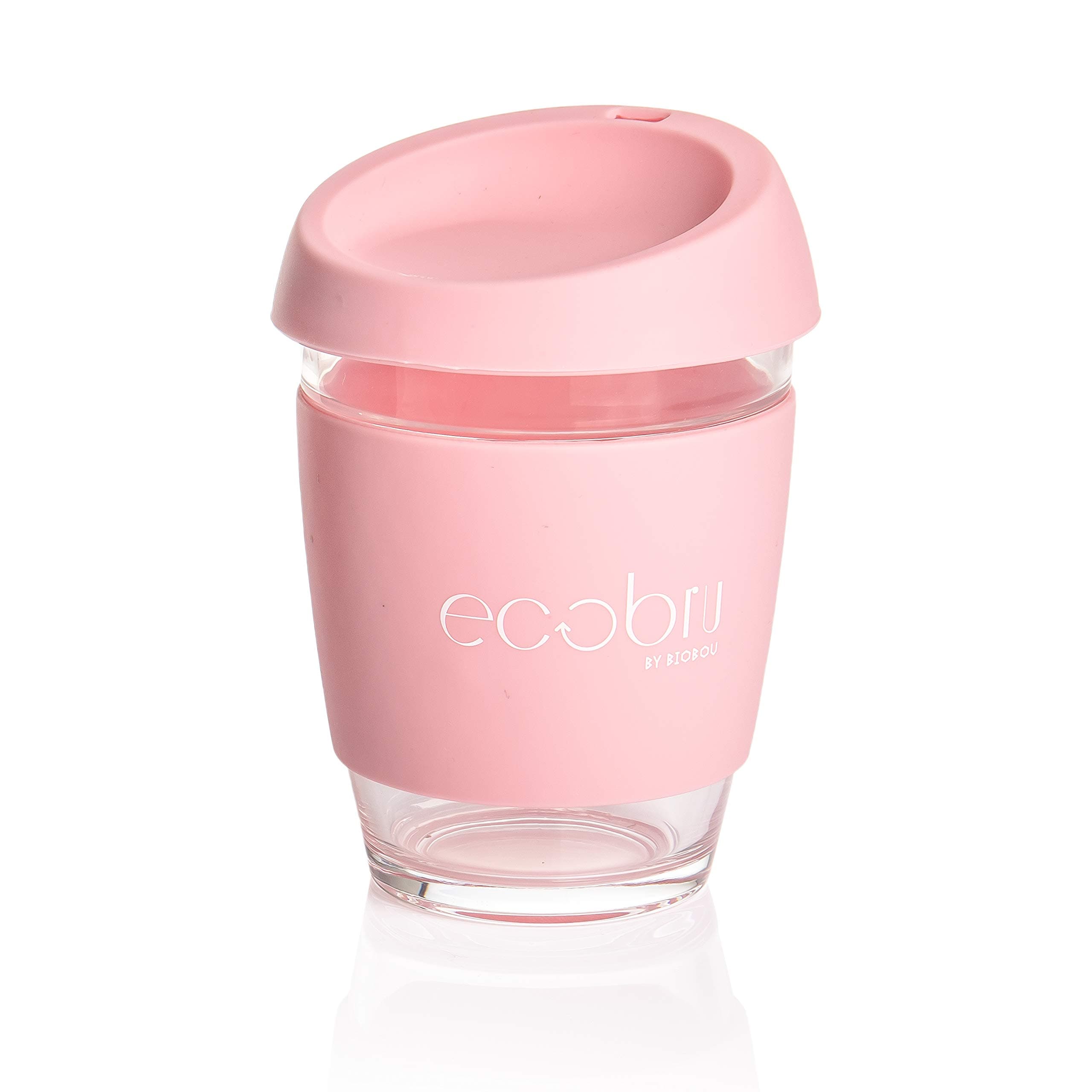 Eco-Friendly Reusable Glass Coffee Cup with Silicone Lid. Ecoffee Travel Mug 12oz/340ml. - by Ecobru (Pink) - REMOVES 1LB of Rubbish from The Environment!