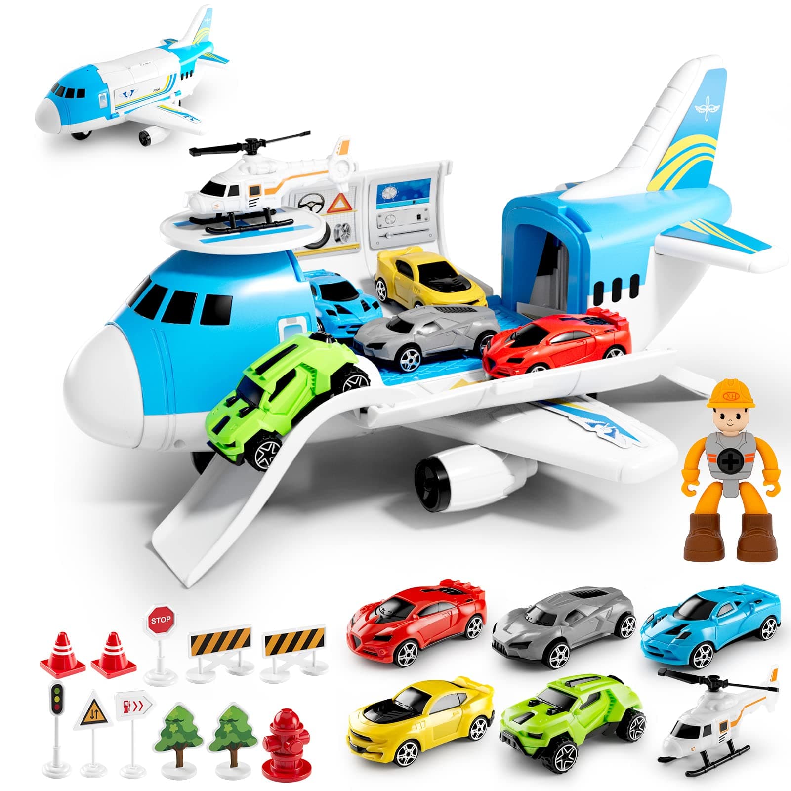 Toy for 3 Year Old Boys,Toy Cars set,Transport Cargo Airplane with 5 Mini Cars, 1 Helicopter,1 Engineer,11 Traffic Signs,Gifts for Kids Boys Girls Age 3 4 5