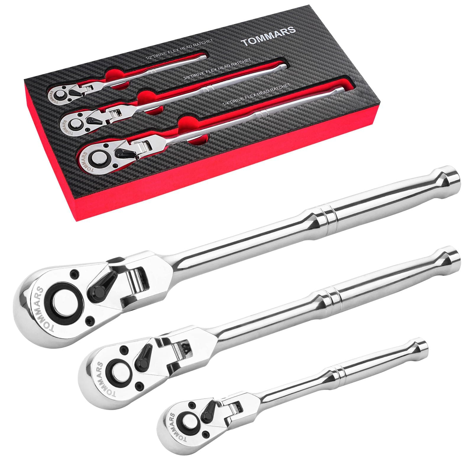 TOMMARS Flex-Head Ratchet Set, 1/4", 3/8", 1/2" Drive Flexible Ratchet Handle Wrench 72-Tooth Quick-Release Reversible Gift for Men Mechanic Hand Tools