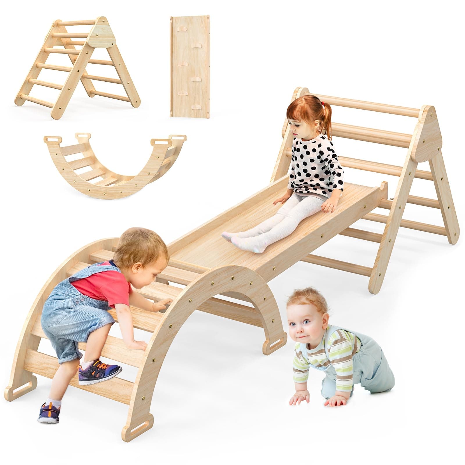 Pikler Triangle Set for Baby Climbing Toys 7 in 1 Foldable Wooden Montessori Climbing Set Indoor Playground for Kid with Arch-Ramp-Ladder Indoor Jungle Gyms for 1-3 4-6 Year Toddlers