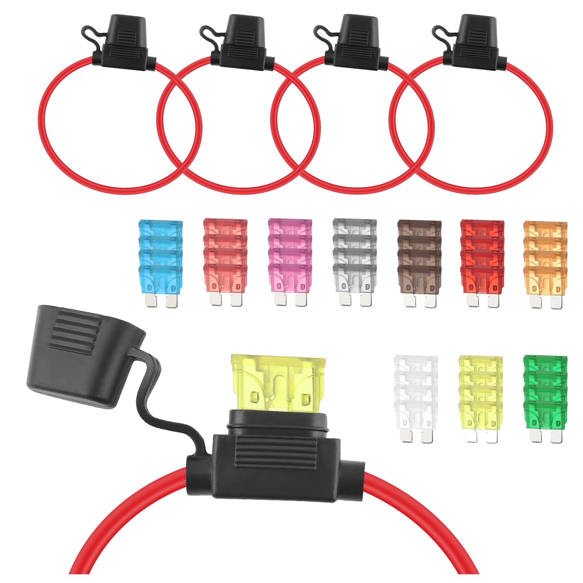 4PCS Fuse Holder,12AGW Inline Fuse Holder 12V with 40PCS Blade Fuses (2A, 3A, 5A, 7.5A, 10A, 15A, 20A, 25A, 30A, 40A-4 of Each),Standard Inline Fuse Car Accessories for Most Cars