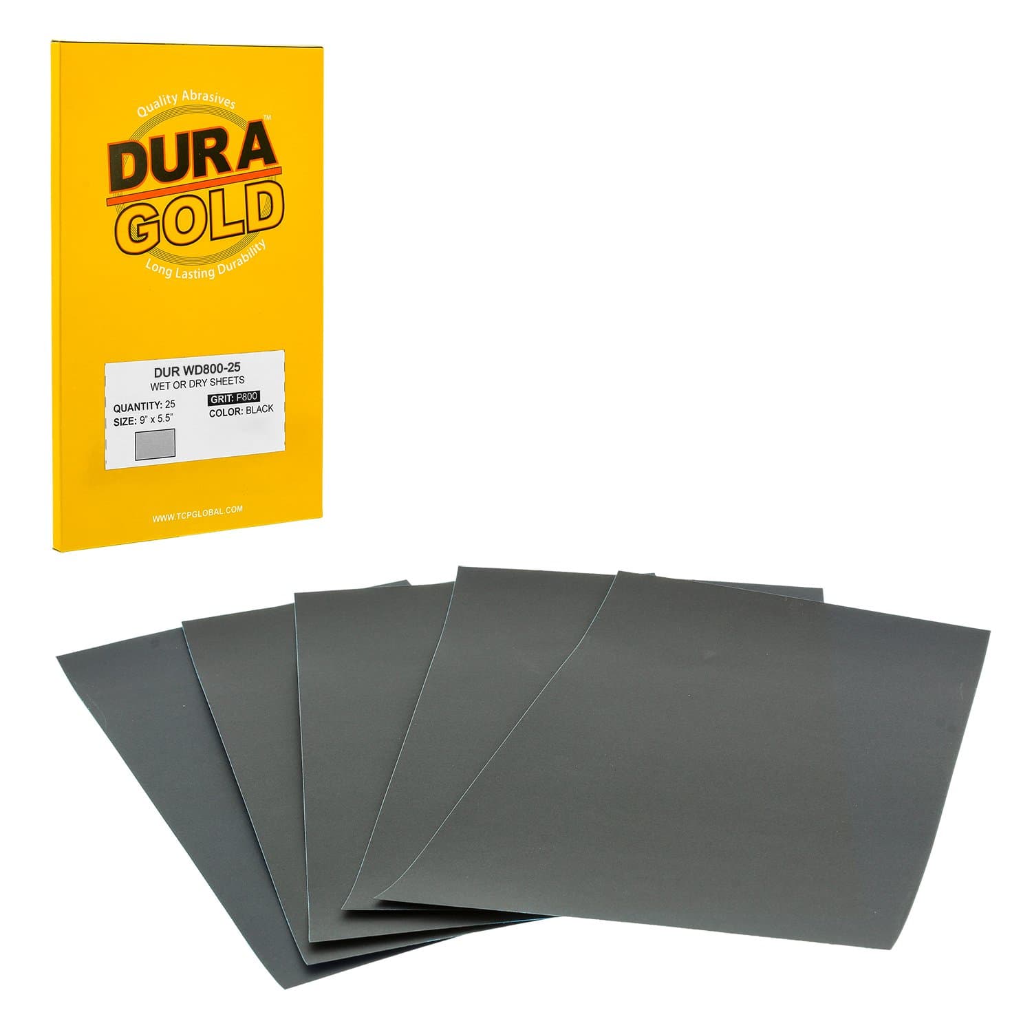 Dura-Gold - Premium - Wet or Dry - 800 Grit - Professional cut to 5-1/2" x 9" Sheets - Color Sanding and Polishing for Automotive and Woodworking - Box of 25 Sandpaper Finishing Sheets