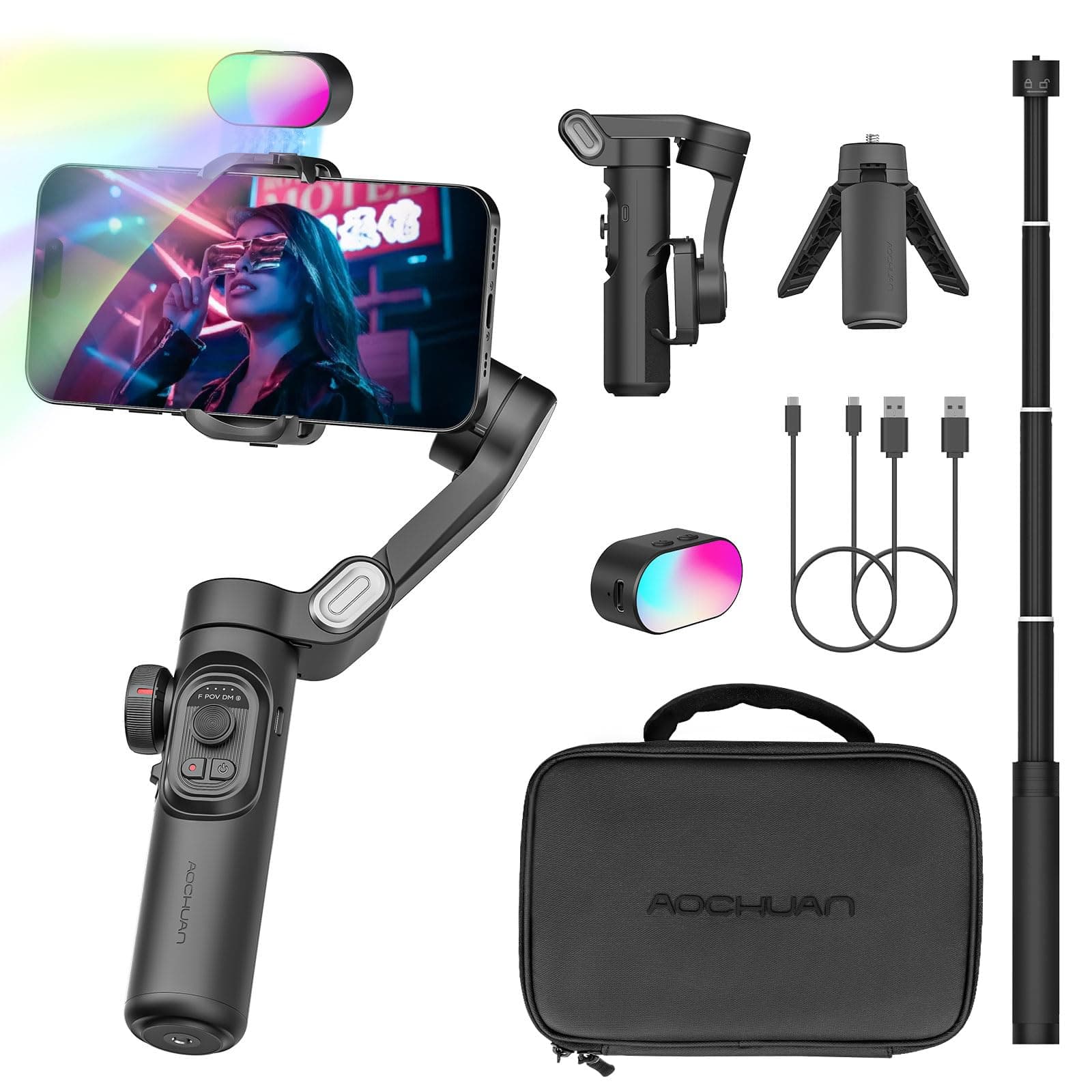 AOCHUAN Phone Gimbal Stabilizer for iPhone 15 Pro Max Android Phones with Extension Rod 3-Axis Phone Gimbal Stabilizer with Follow Focus for Vlogging TikTok YouTube(Smart XE Combo1)