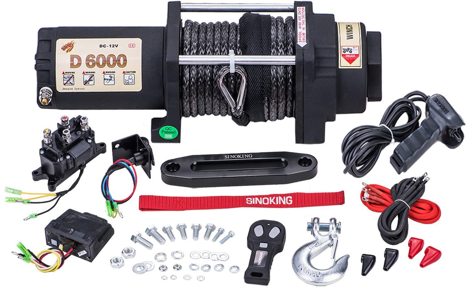 SINOKING 6000lb 12V Winch, UTV&ATV Winch with 1/4"× 49ft Synthetic Rope, Wired and Wireless Remote Control