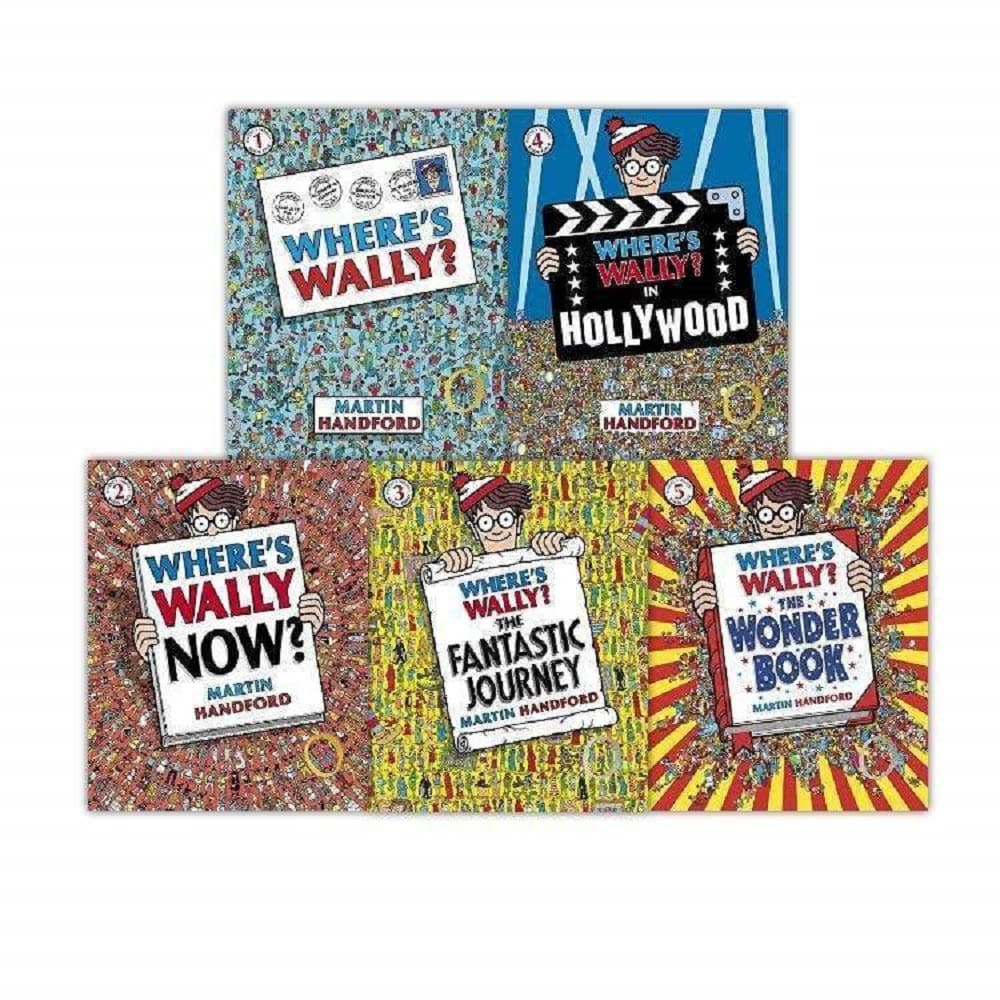 Where's Wally books: 5 large picture books and 1 Sticker Book (Where's Wally / Where's Wally Now / Wheres Wally The Fantastic Journey / Wheres Wally The Wonder Book / Wheres Wally In Hollywood)