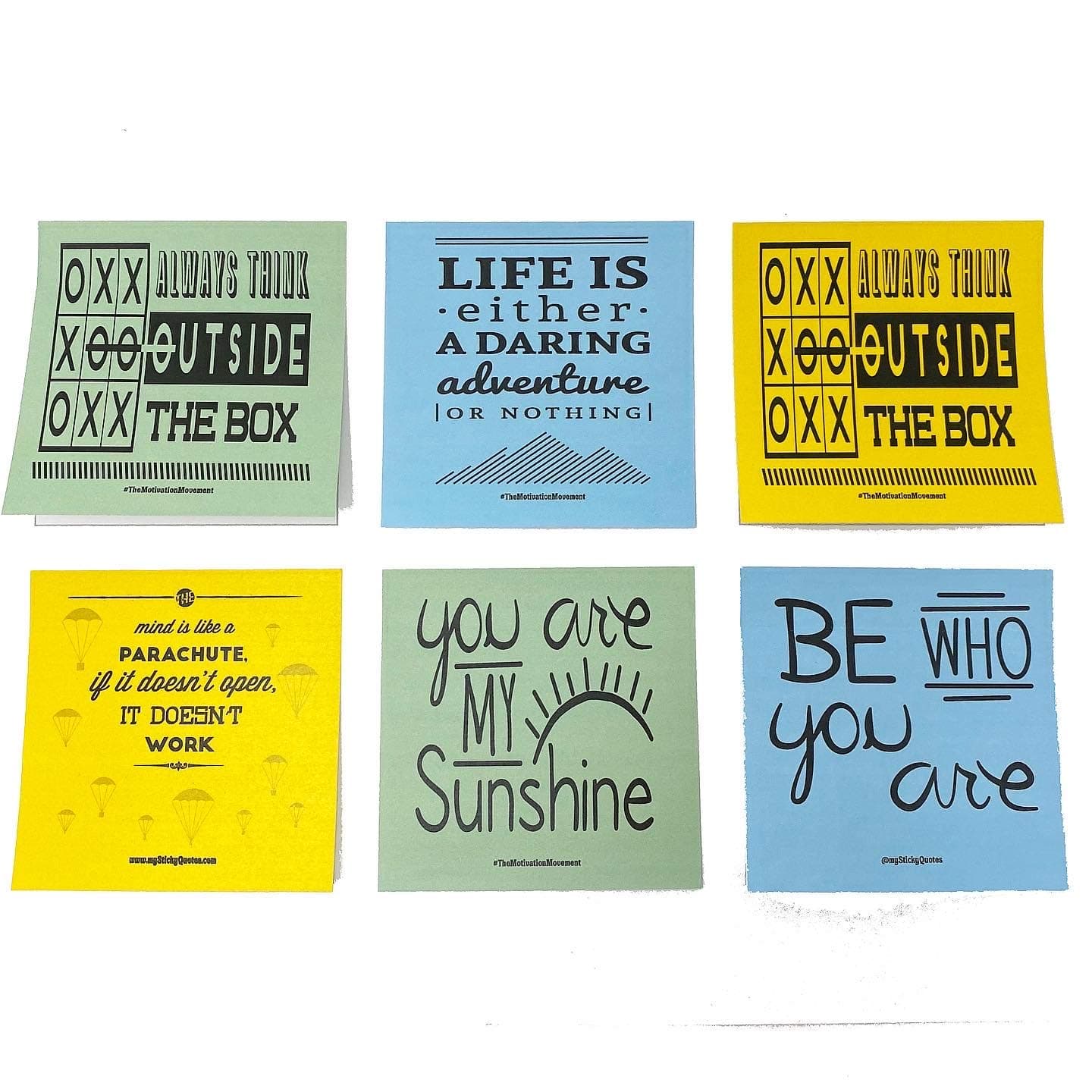 Sticky Notes Inspirational Quotes – Perfect for Lunch Box Notes, Mommy & Teacher Approved – 3 Pads 50 Sheets/Pad 50 Unique Quotes & Designs - Blue Yellow & Green