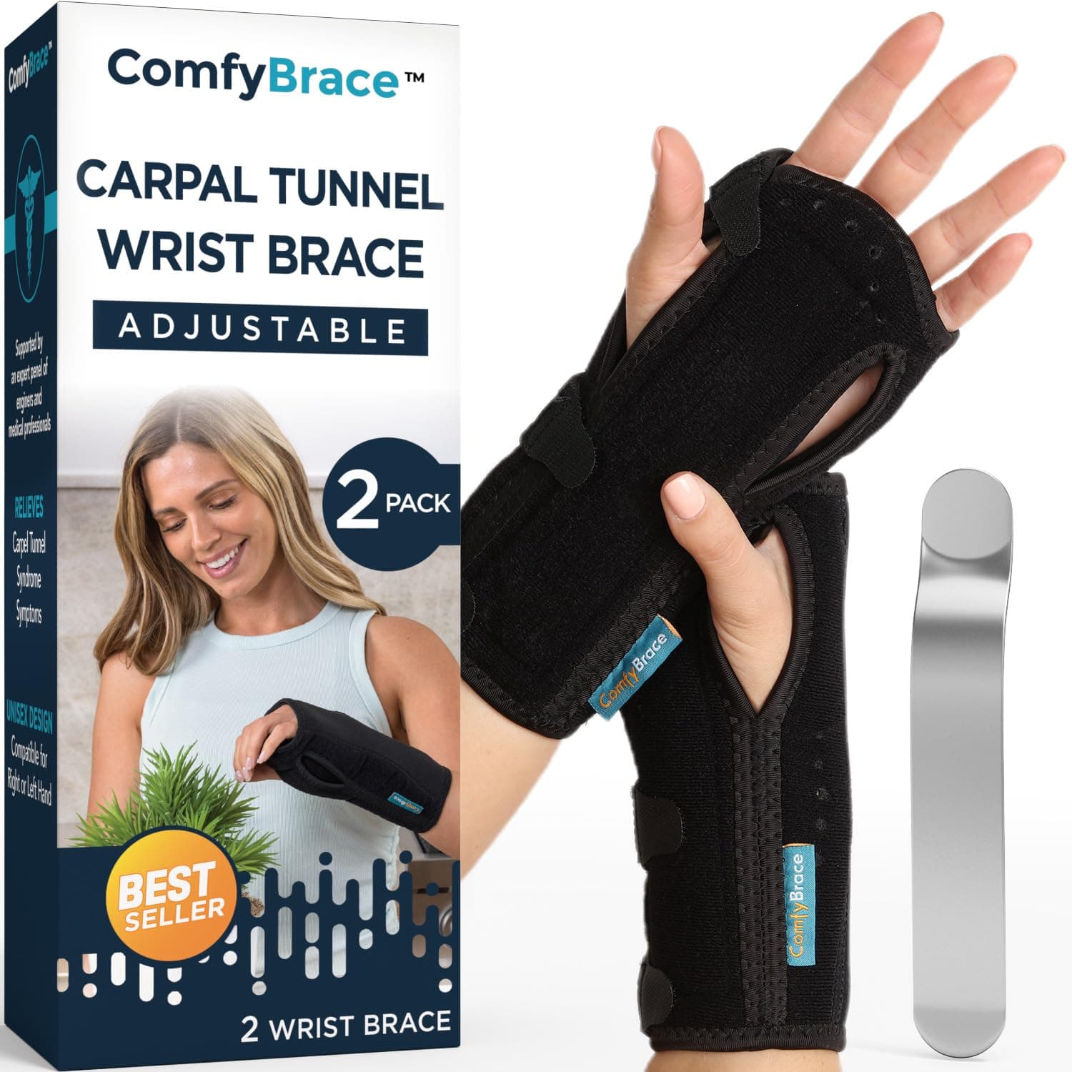ComfyBrace Night List Sleep Support Brace - Fits Both Hands - Cushioned to Help Carpal Tunnel, Relieve Wrist Pain and Treat (2 Pack/Night Brace, One Size Fits All)