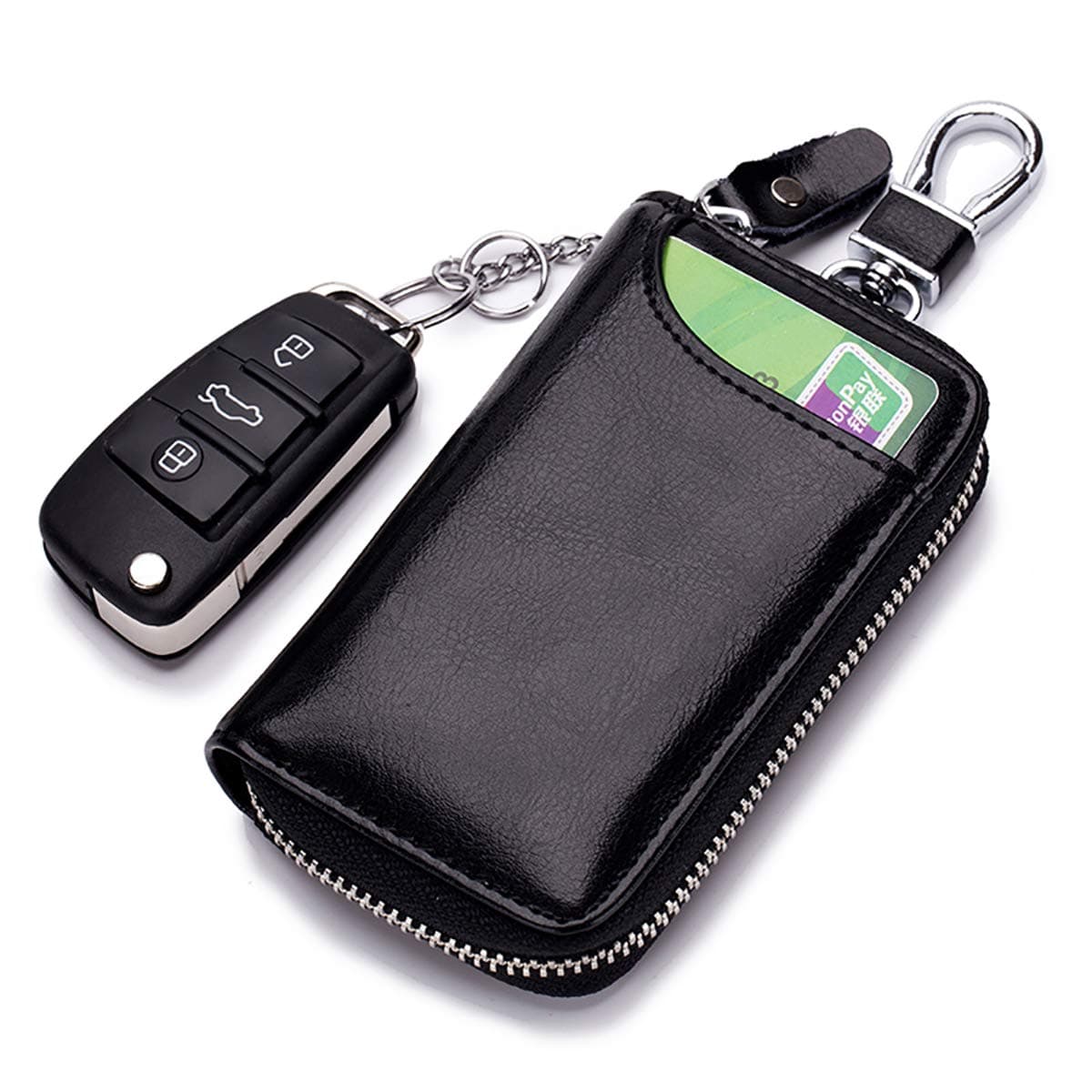 Zipped Leather Car Key Holder Case Bag Wallet Cover with Credit Card Holder Keychain Keyring (Black)