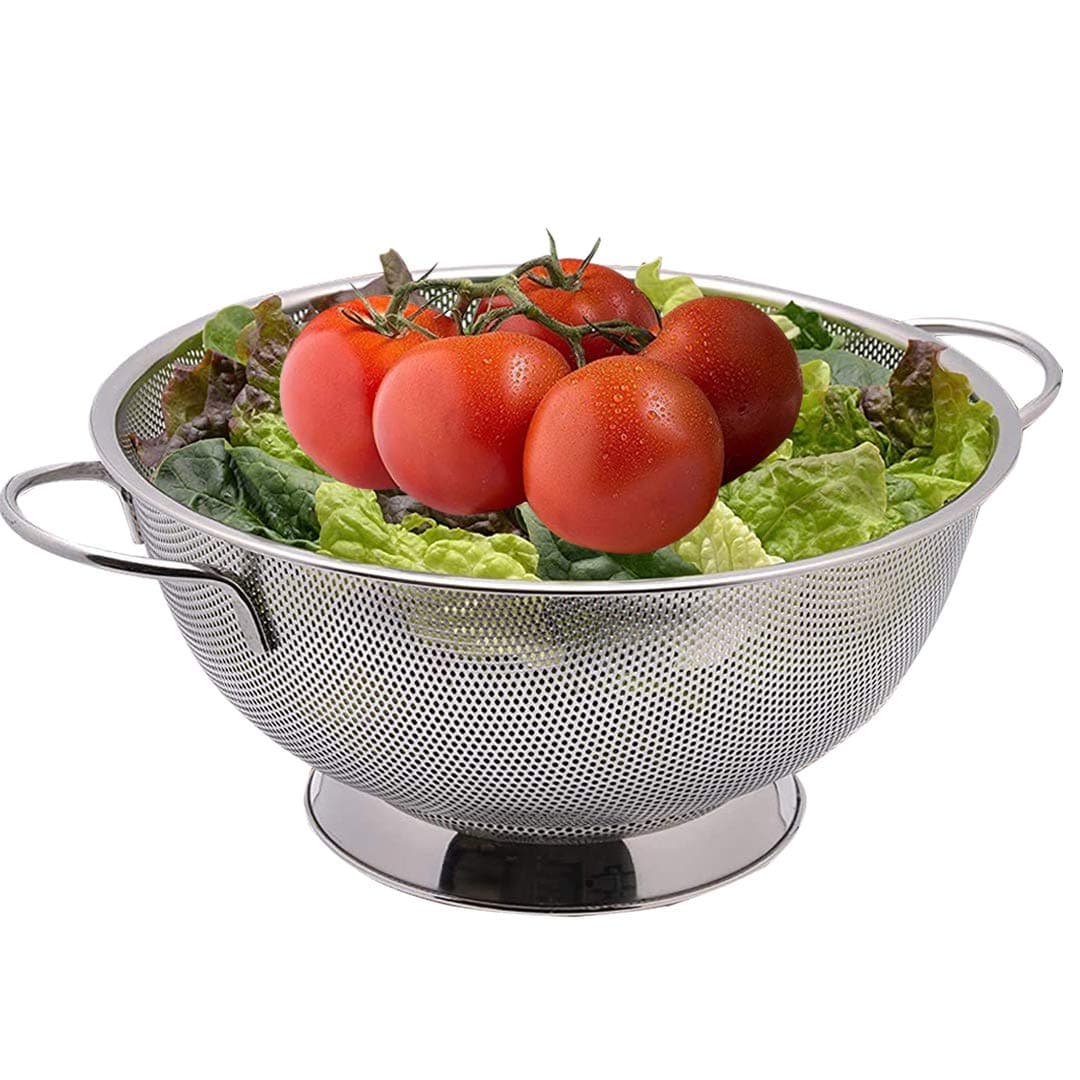 Colander Pro Stainless Steel 3-Quart Colander: Metal Pasta Strainer with Handles & Base - Large Strainer Basket for Pasta, Rice Noodles & More: Dishwasher Safe