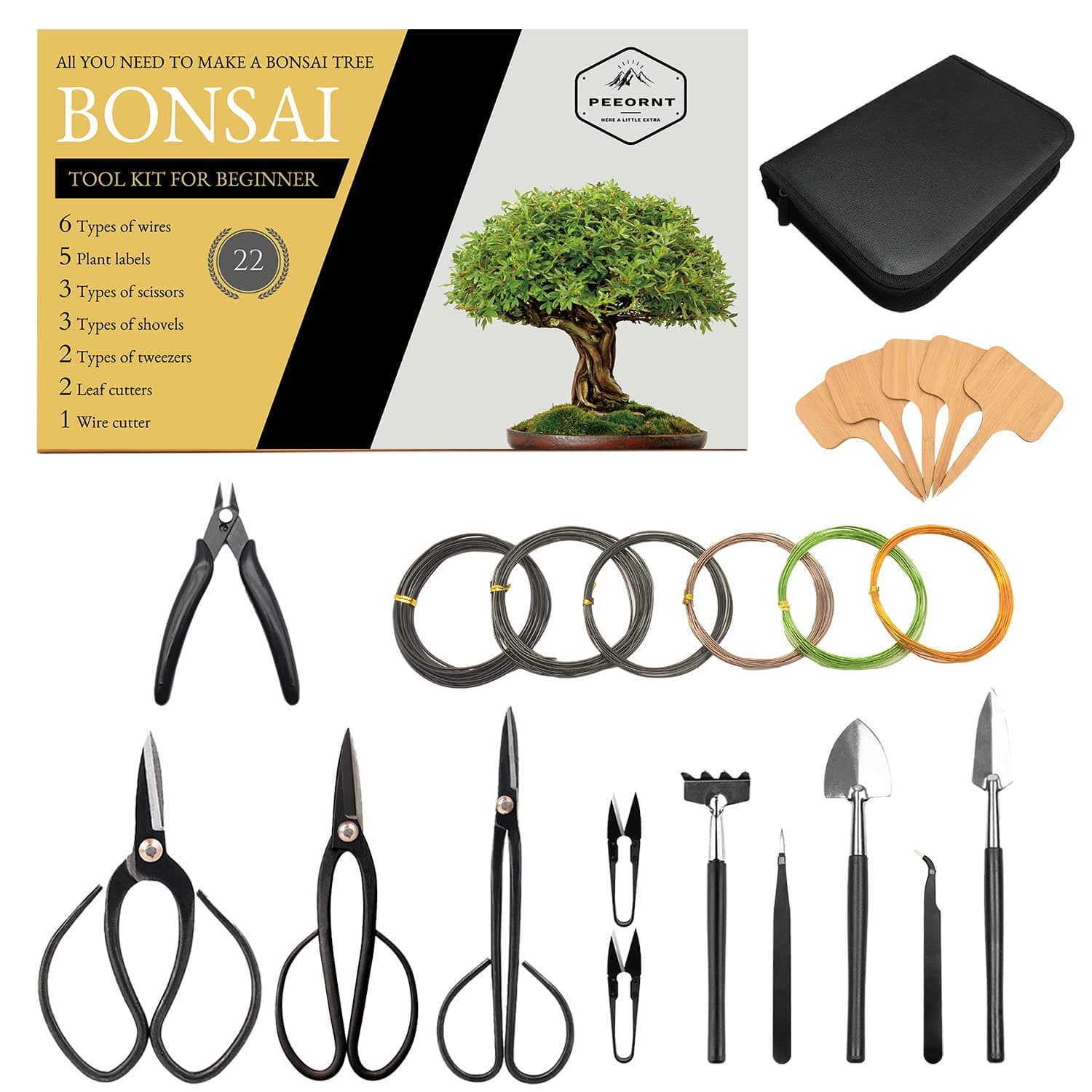 PEEORNT Bonsai Tree Tool Set 22 Pcs High Carbon Steel Bonsai Tools Set Cutting Tool Set Includes Pruning Shears, Cutters, Wires