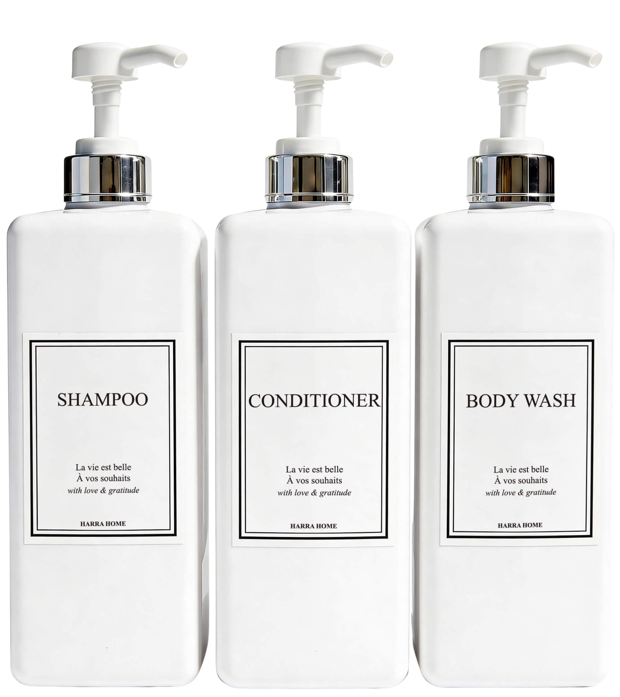 Shampoo and Conditioner Dispenser - Modern Design Large 27oz Shower Soap Dispenser Set of 3, Refillable Empty Plastic Pump Bottles for Bathroom, 6 Waterproof Labels Included, White & Silver