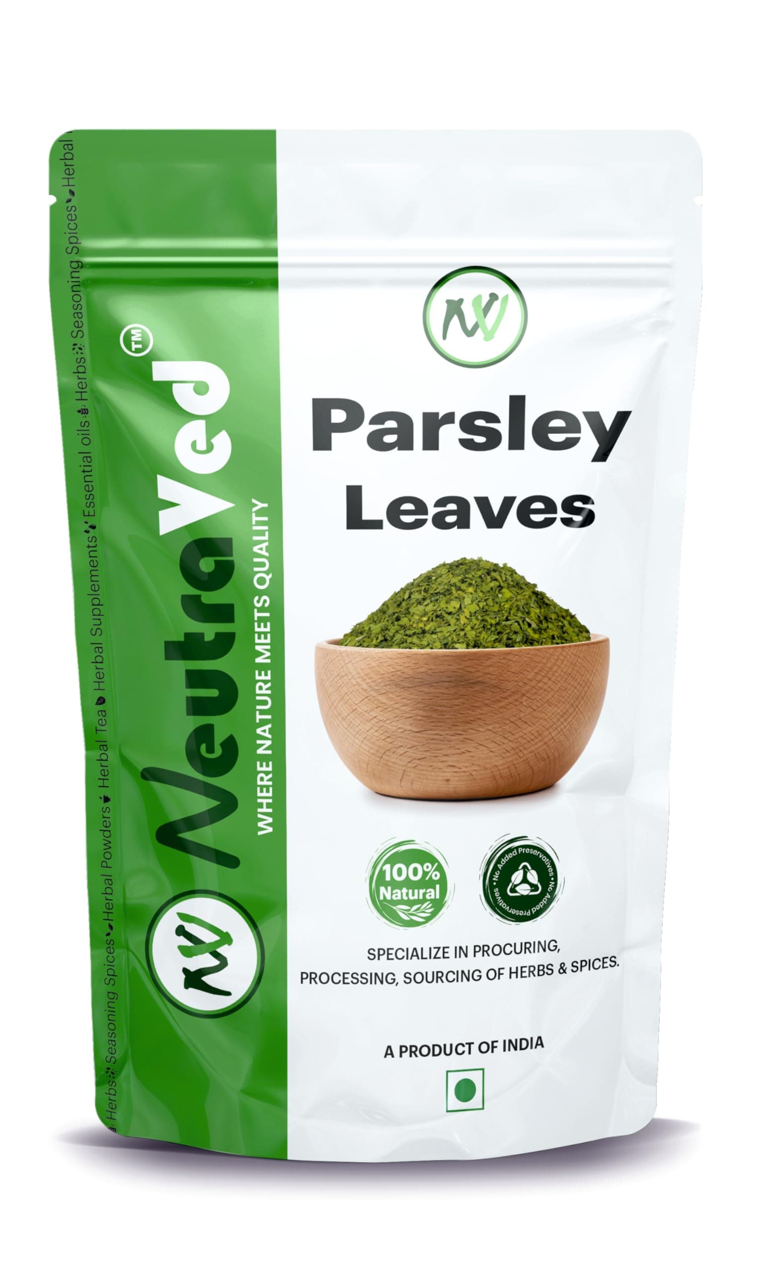 NeutraVed Parsley Dried Leaves (Flakes) 70 grams | Export Grade Herb for Seasoning Pasta, Curries, Sauces and Tea | No Added Colour and Preservatives | Food-Grade Stand-Up Zipper Pouch - 70 grams