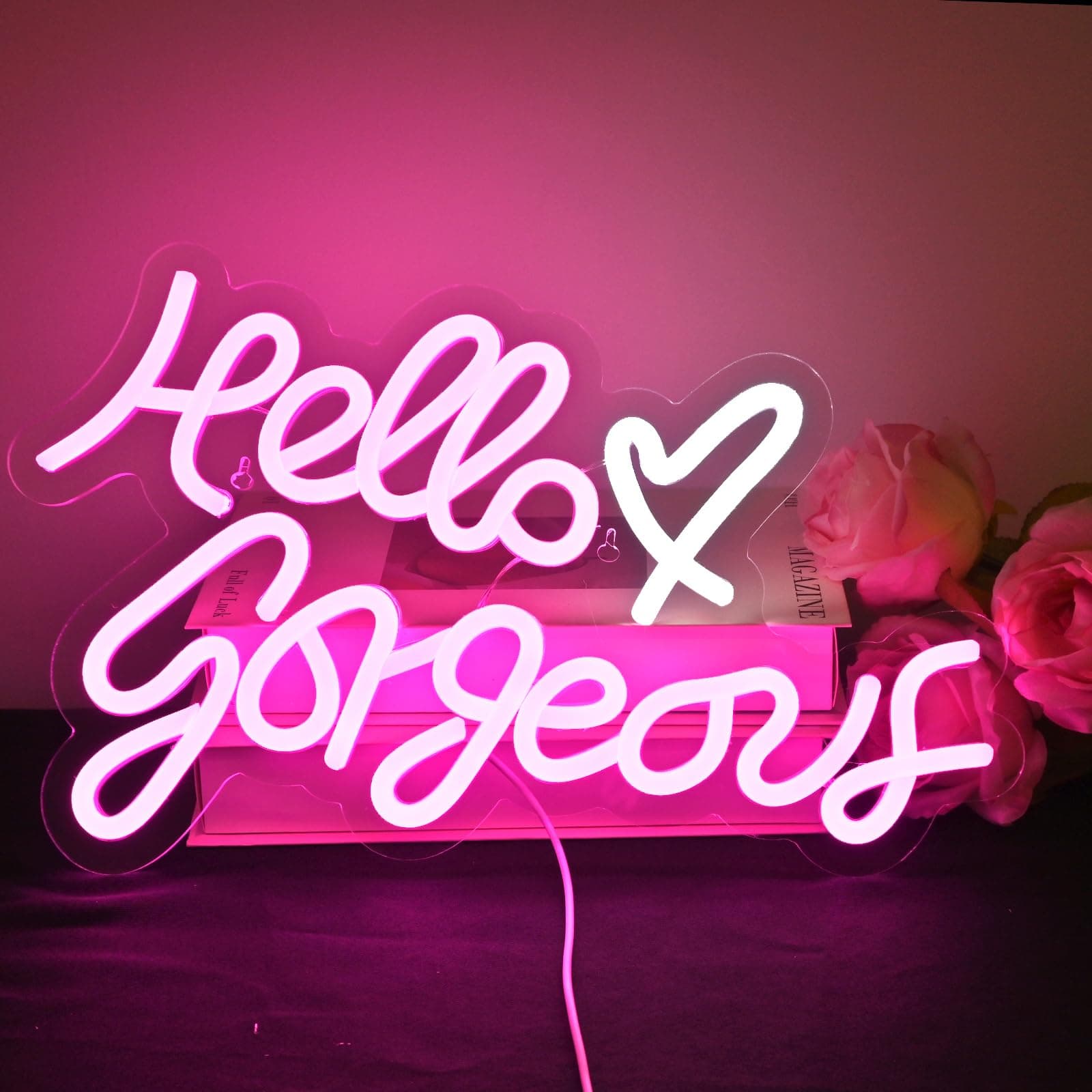 Ineonlife Hello Gorgeous Neon Sign Pink LED Light Up Signs for Cute Girls Bedroom Room Wall Decor for Bachelorette Birthday Engagement Party Wedding Decoration with Switch 16.5 X10 Inch