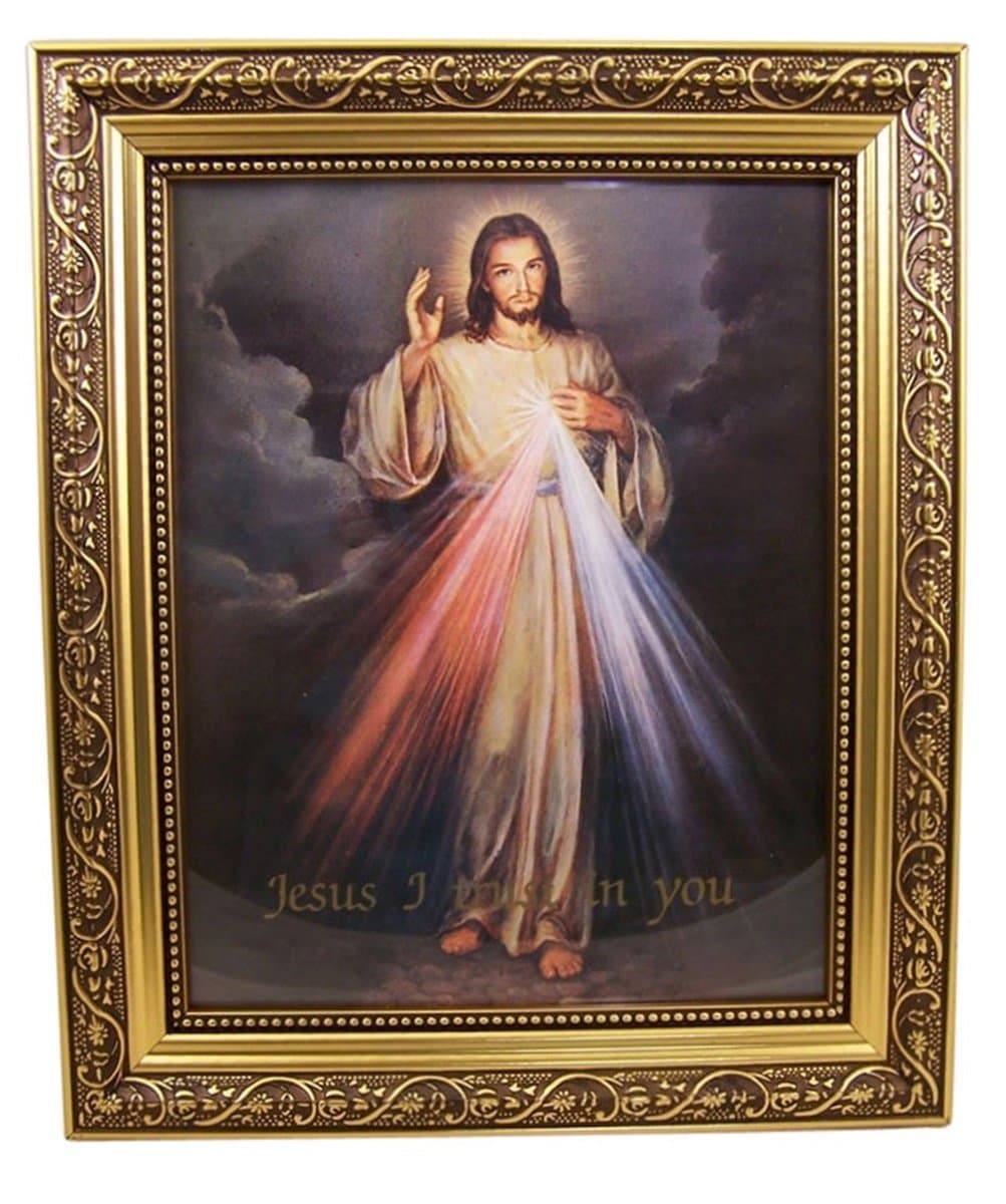The Divine Mercy Jesus Christ Print in 13 Inch Gold Finish Frame for Bedroom
