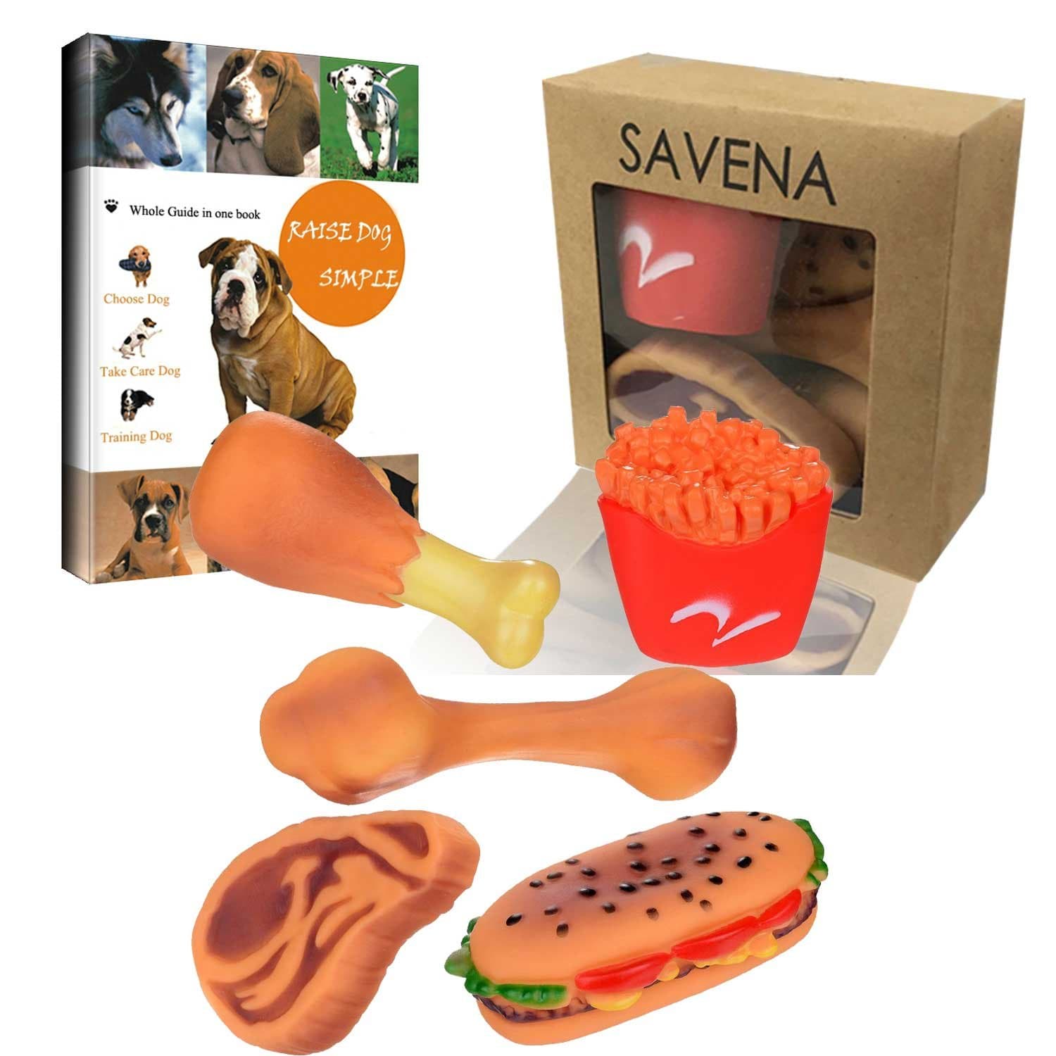 Savena Squeaky Dog Toy Pack Upgrade Made by Non-Toxic Odorless Environmental Material No-Stuffing Toy Bite Resistant, Dog Raising EBook Included