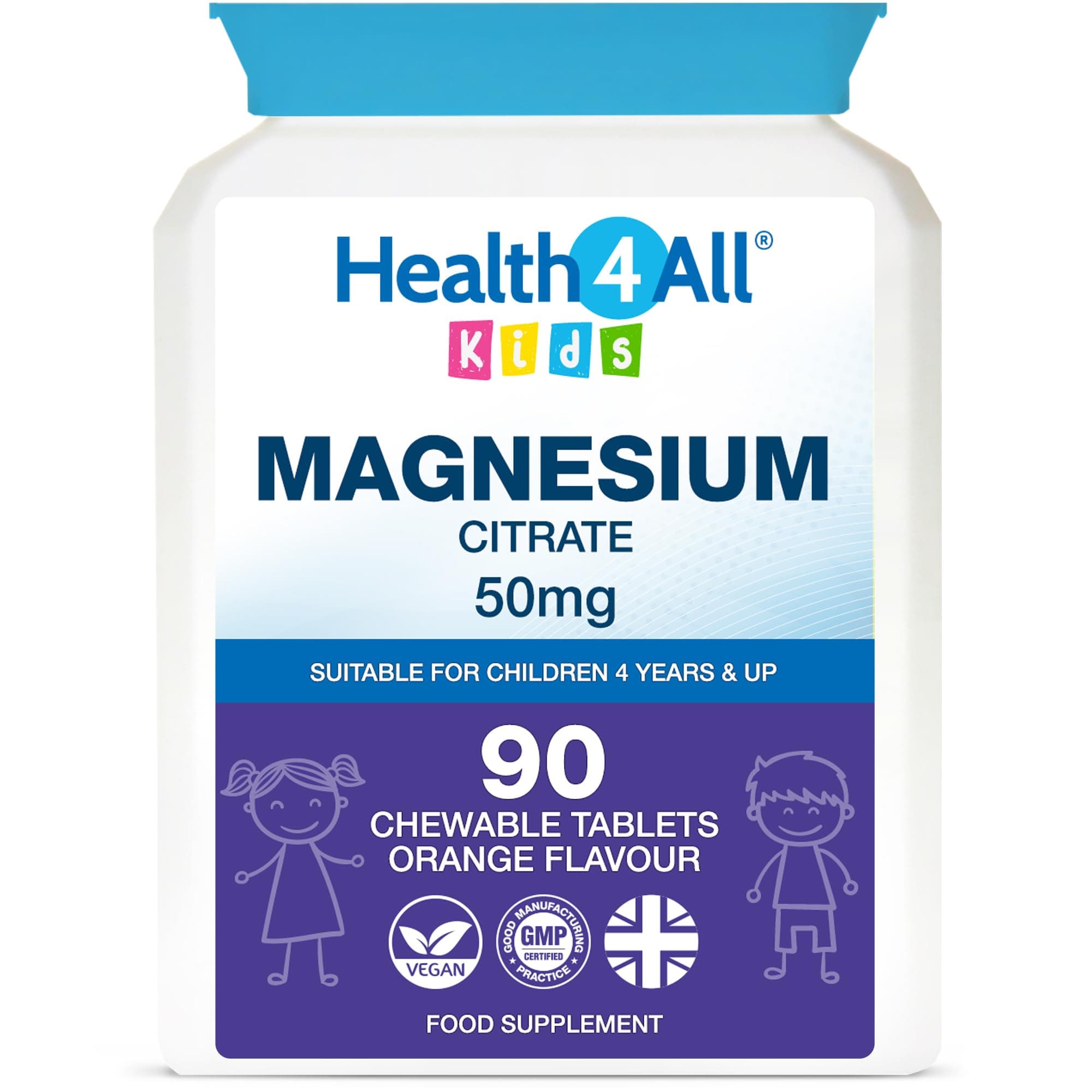 Kids Magnesium 90 Chewable Tablets for Anxiety, Sleep, Ticks. Tasty Orange Chewable Magnesium Supplement for Children 4+, Vegan, Sugar-Free | Made in UK | Alternative to Glycinate Gummies