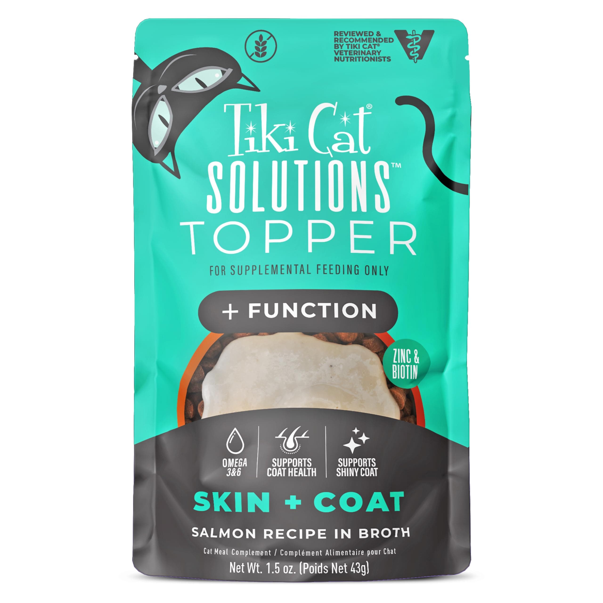 Tiki Cat Solutions Topper, Skin + Coat, Salmon Recipe in Broth, 1.5 oz. Pouch (12 Count)