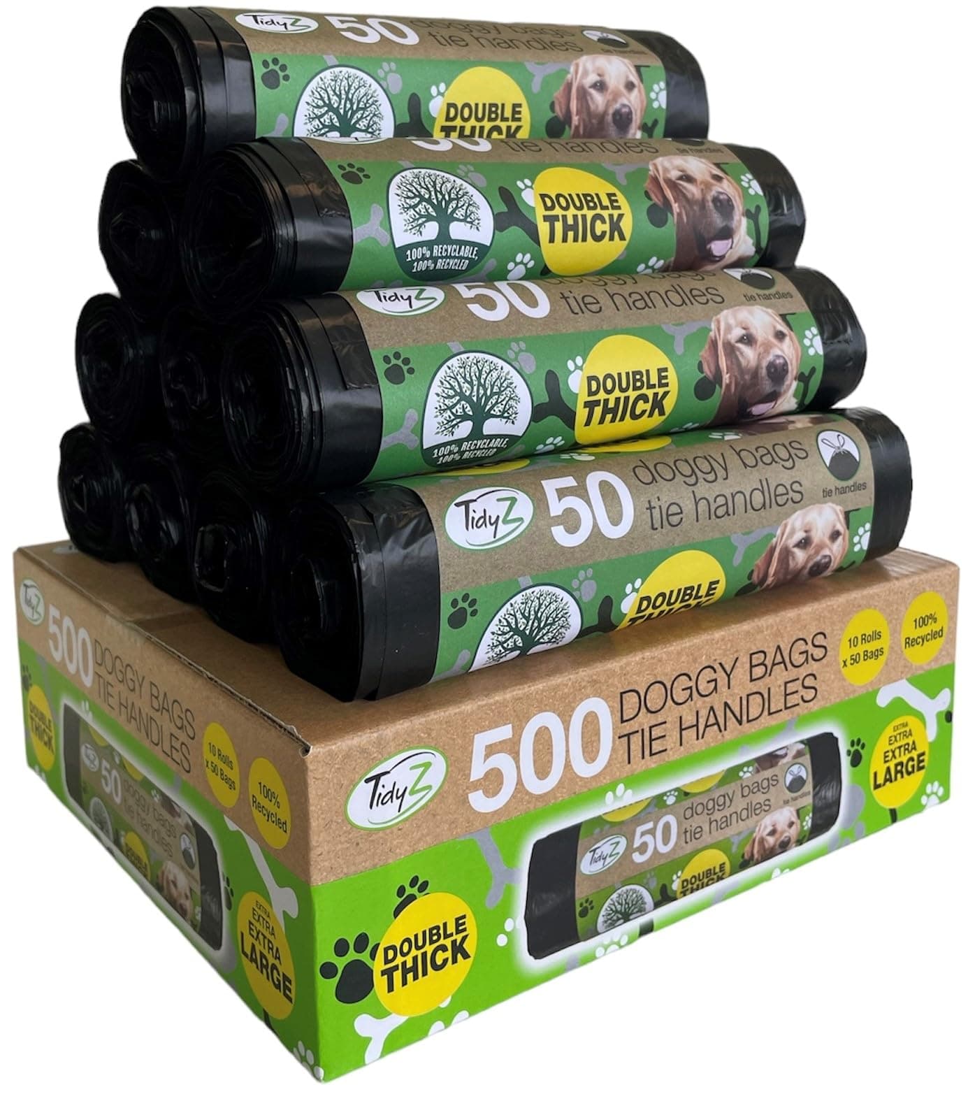 500 TidyZ Dog Poo Bags. Made from 100% Recycled Plastic. Extra Strong, 30 × 36 cm Extra Large Pet Waste Bags. Tie Handles. On a Roll. Unscented. Leakproof. 10 rolls of 50
