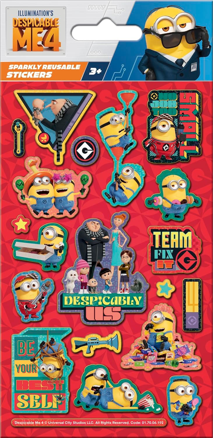 Despicable Me 4 Sparkly Reusable Foil Stickers - Official Licensed Product - Reusable on Non-Porous Surfaces - Boys and Girls, Age 3+, Birthday Gifts, Party Bags, Arts & Crafts, Scrapbooking