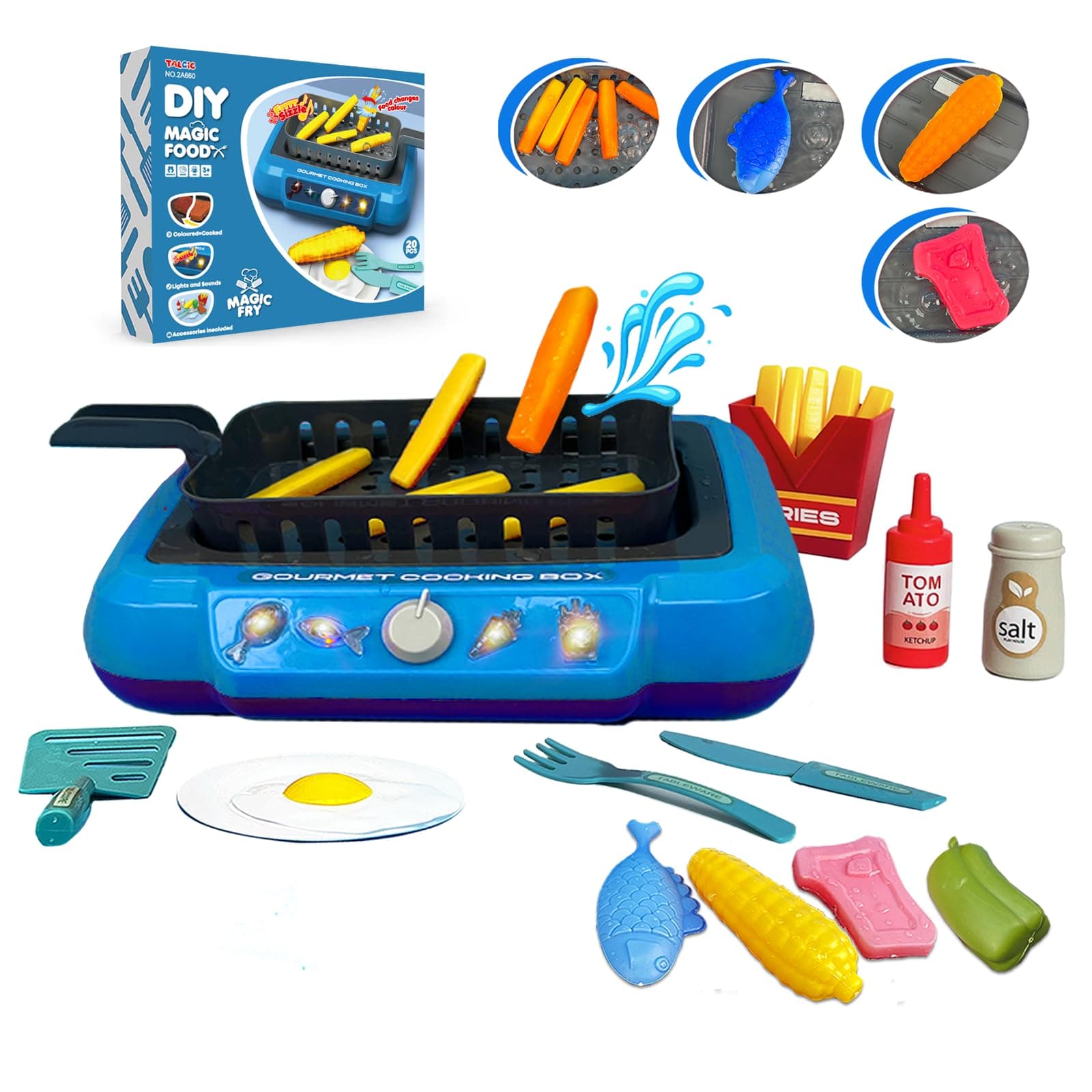 TALGIC Cooking Simulator Toy with Color Changing Accessories, 20 PCS Fun Frying Kit Gourmet Cooking Box, Magic Fry Simulation Cooking Toy with Sound & Light & Bubble Grill Surface for Kids 3-8-Blue