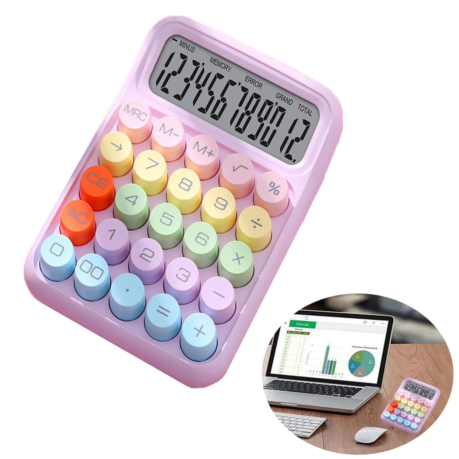 Colorful Calculator, Candy-Colored Electronic Desktop Calculators with 12Digit Large LCD Display and Big Round Buttons, Typewriter-Inspired Mechanical Key Calculator for Office,School, Home, Business
