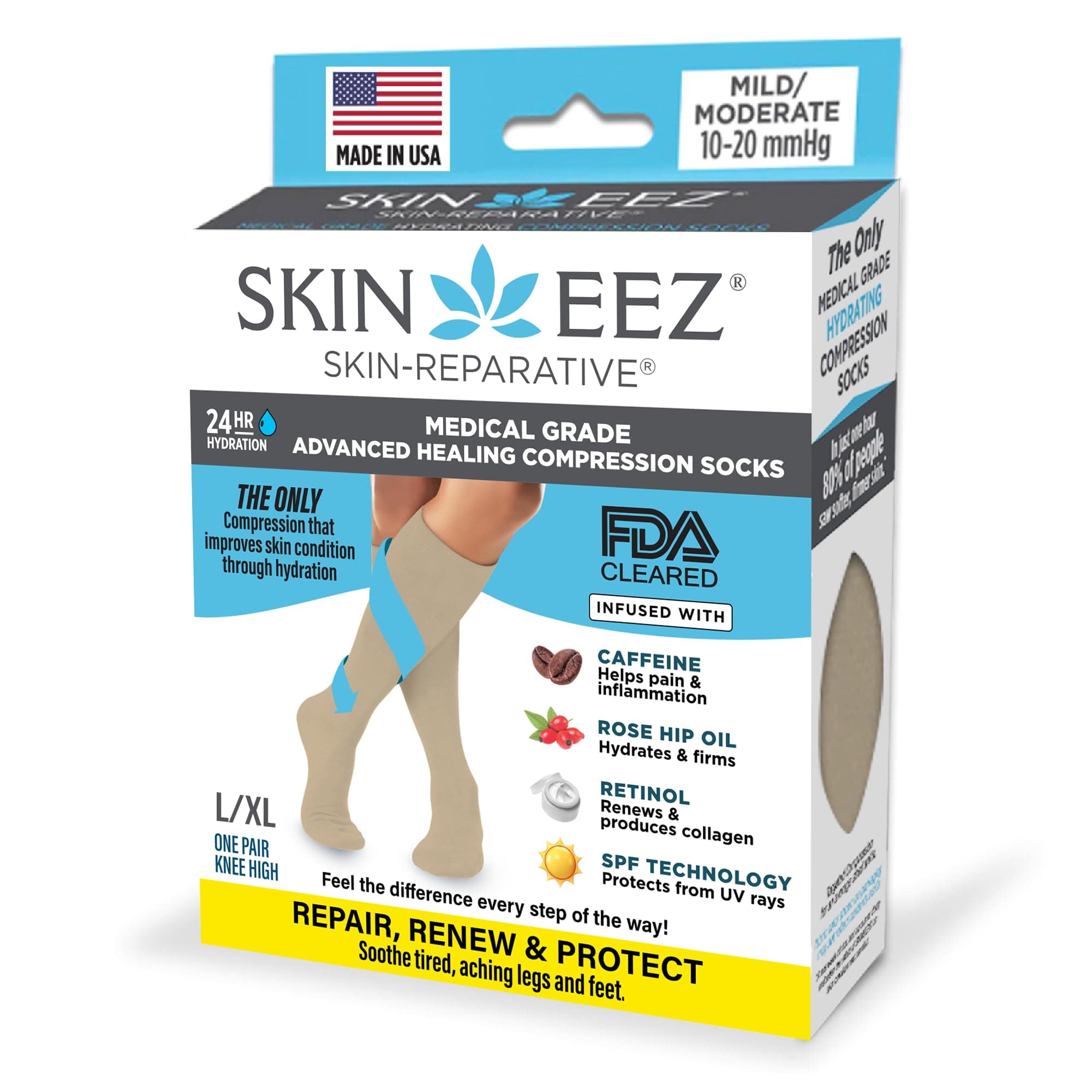 Skineez Skin-Repartive Medical Grade Hydrating Compression Socks 10-20 mmHg L/XL Tan