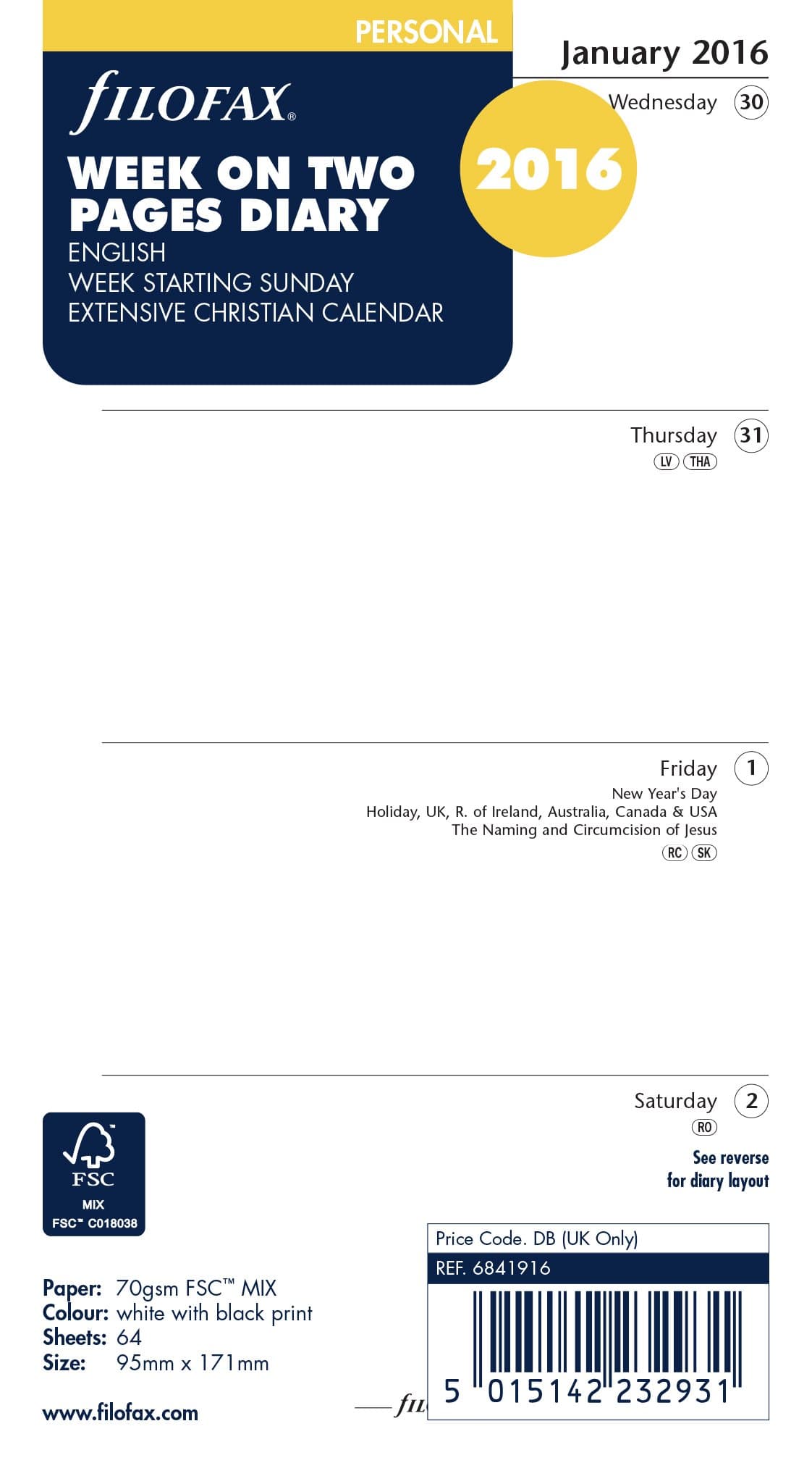 Filofax Personal Week On Two Pages English Sunday Start Diary For 2016