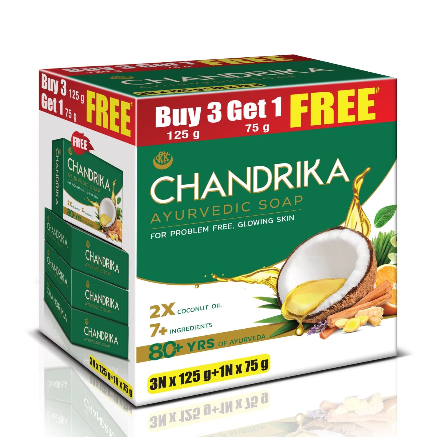 Chandrika Ayurvedic Soap Classic| Handmade Soap for Naturally Radiant Skin| For All Skin Types| 125g (Pack of 3)+75g Free