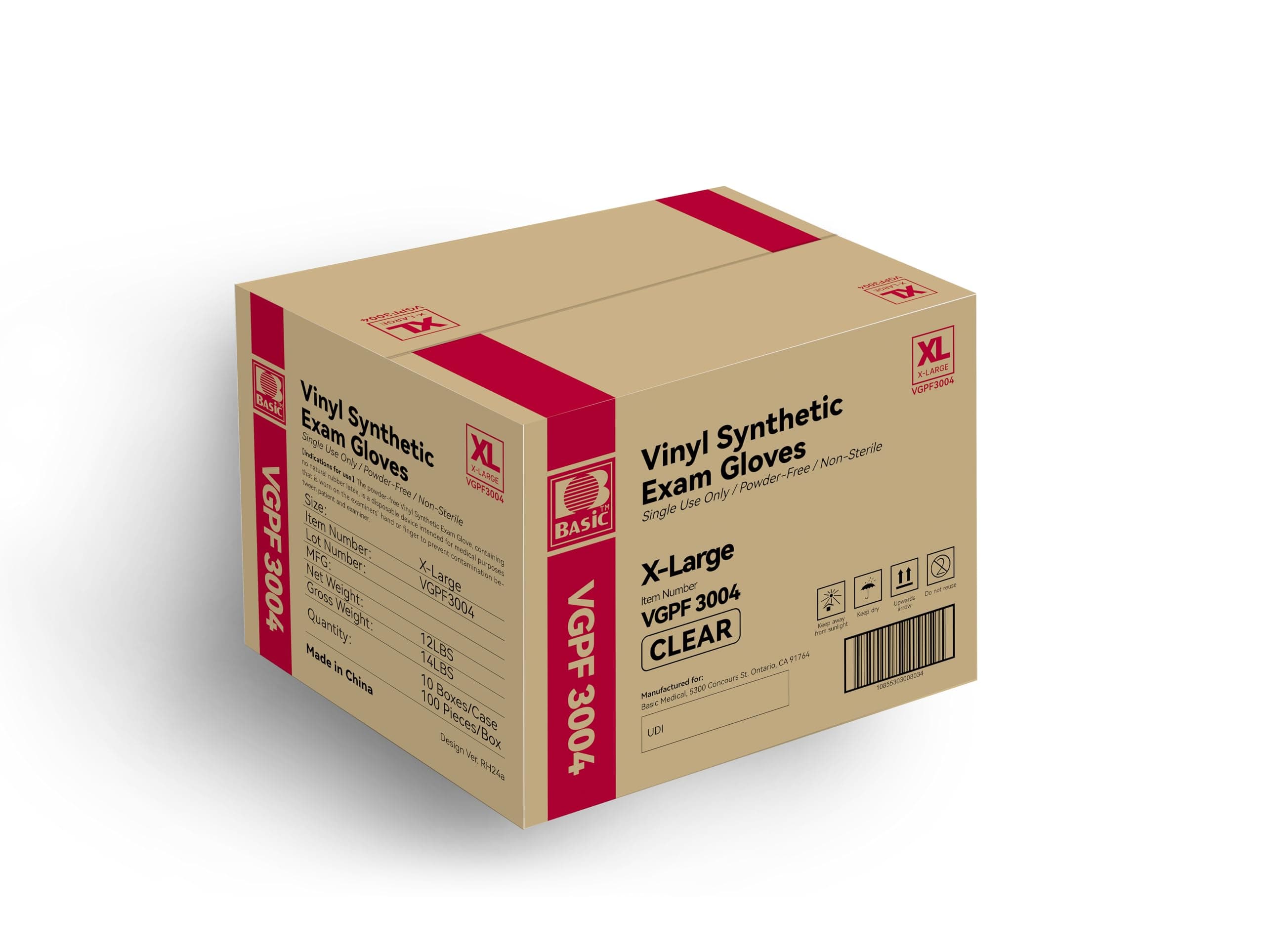 Basic Diagnostic VGPF3004 Clear Vinyl Exam Gloves, Latex-Free & Powder-Free, Extra-Large, Pack of 1000