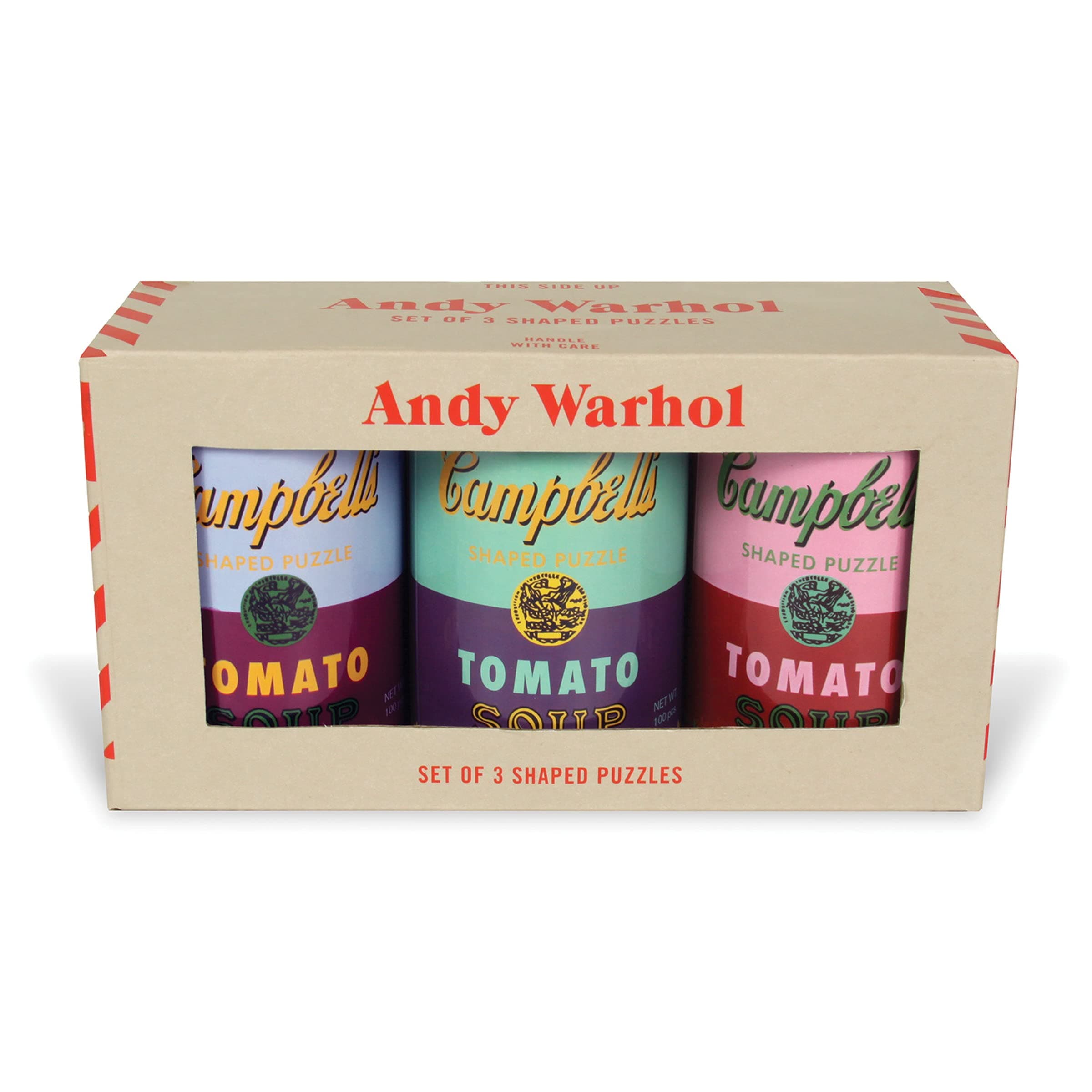 Andy Warhol Soup Cans Shaped Jigsaw Puzzles, Includes Three 100 Piece Puzzles, 5” x 8.25” Each – Includes Storage Tins, Featuring Iconic Andy Warhol Artwork – Thick, Sturdy Pieces – Great Gift Idea