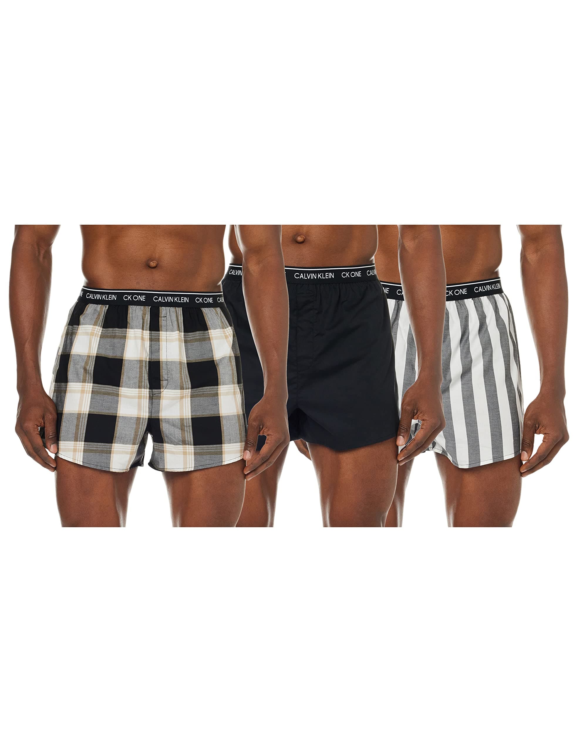Calvin Klein CK One Slim Fit Woven Boxer 3-Pack, Level Stripe/Black/Field Plaid