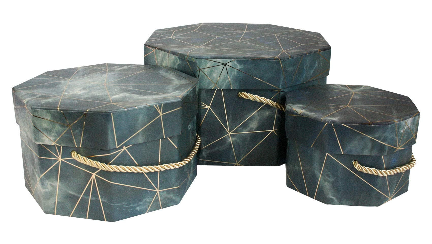 EmartbuySet of 3 Rigid Gift Box, Blue/Grey Marble Print with Golden Origami Lines and Gold Handle