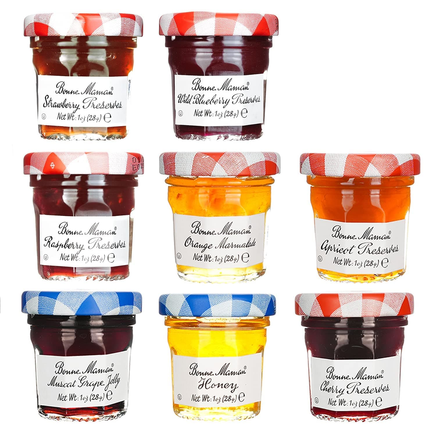 Assorted Preserves - Strawberry, Apricot, Raspberry, Orange, Cherry, Honey, Grape, Blueberry - 8 jars x 1 oz