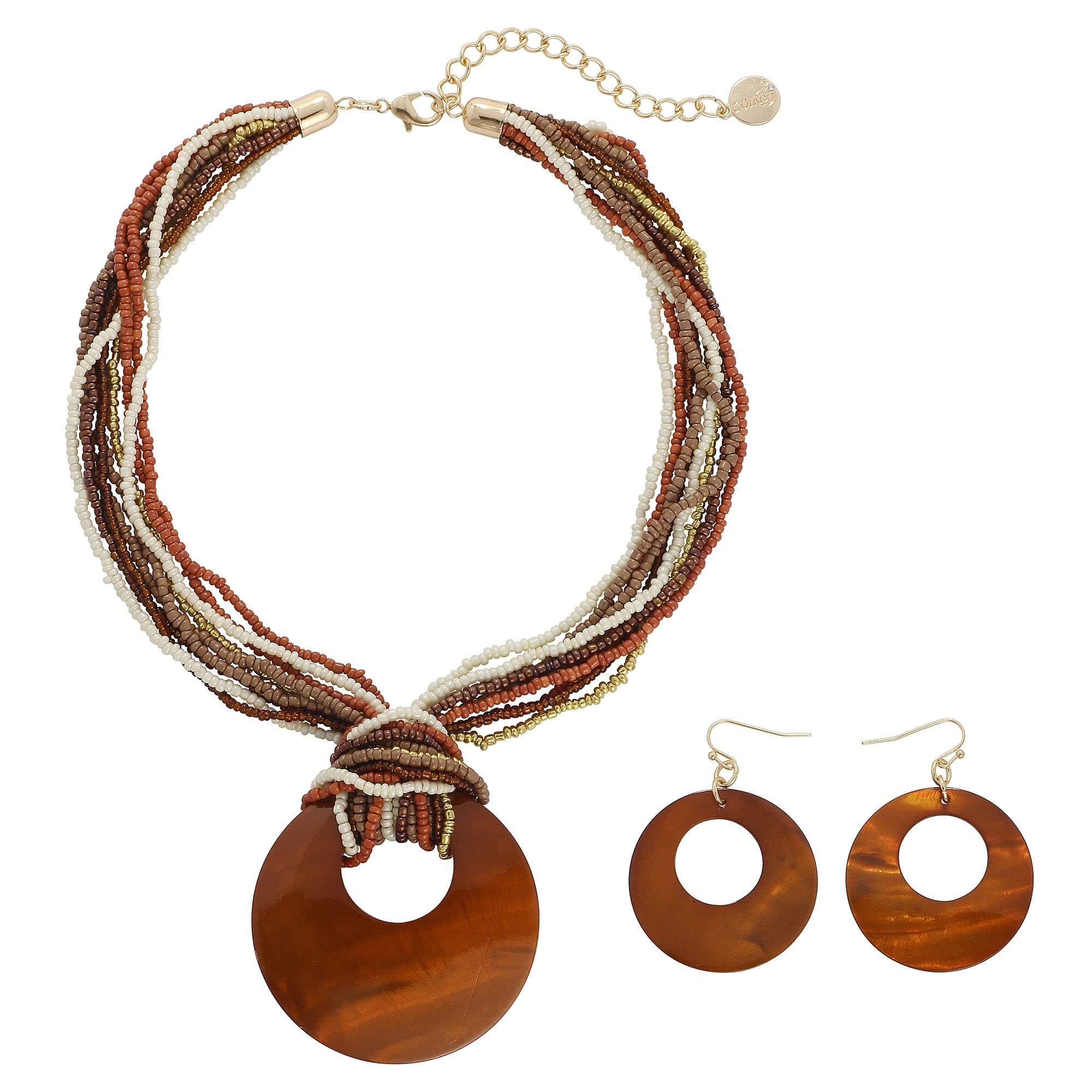 Coiris Multi Strand Statement Colorful Beaded Necklace with Big Circle Shell Pendant for Women