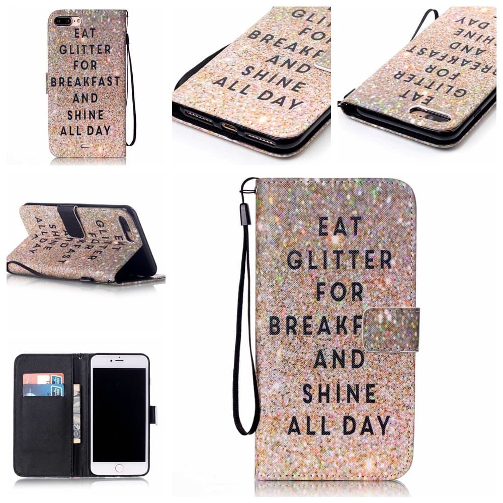 7 Plus Case, iPhone 7 Plus Case, Speedup Premium PU Leather Stand Design Flip Folio Wallet Cover Case with Wrist Strap Magnetic Closure Card Slots for iPhone 7 Plus - Glitter Breakfast Shine Day