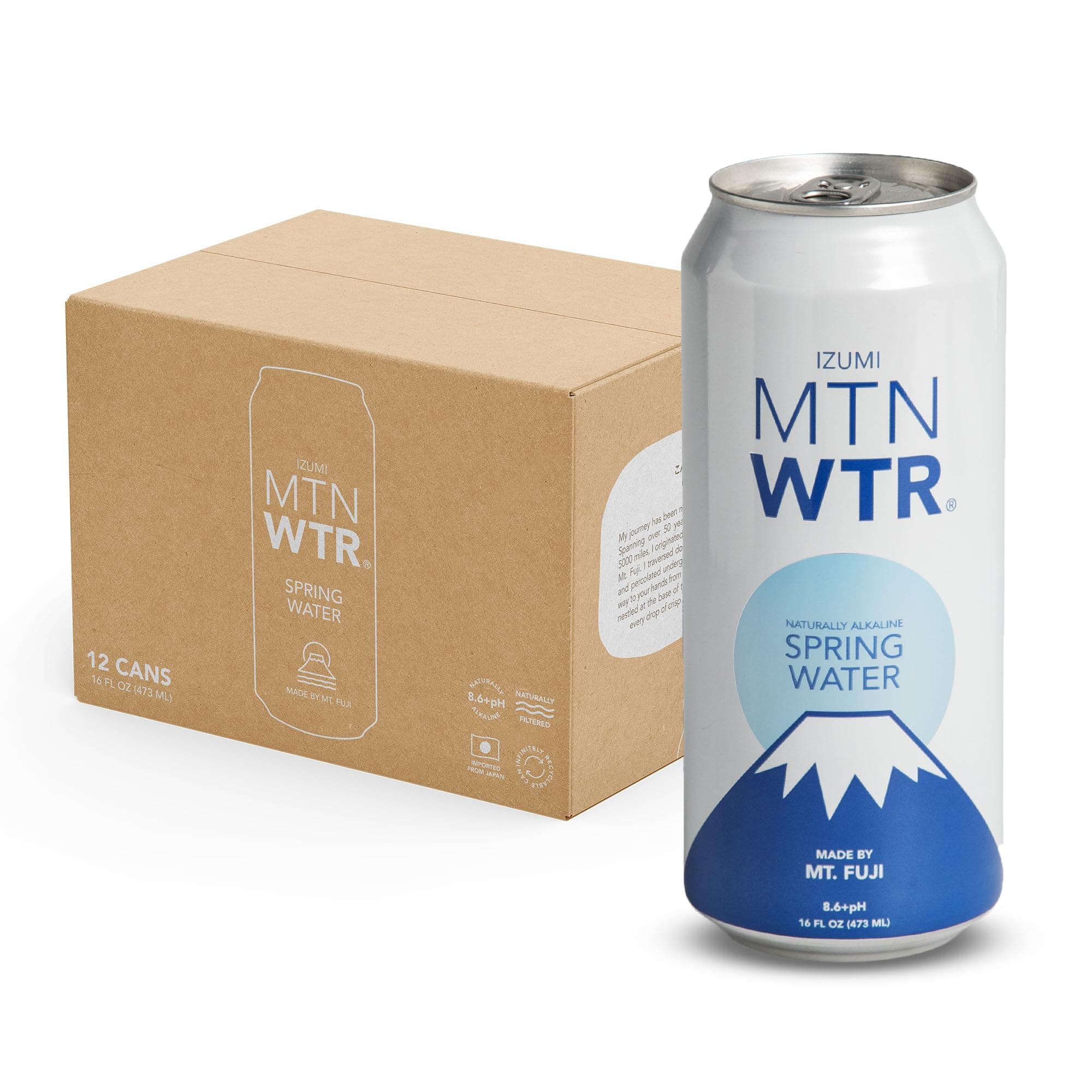 MTN WTR Naturally Alkaline Spring Water | Made by Mt. Fuji, Japan | Naturally Filtered Alkaline Spring Water in 16oz Recyclable Aluminum Cans (Pack of 12)