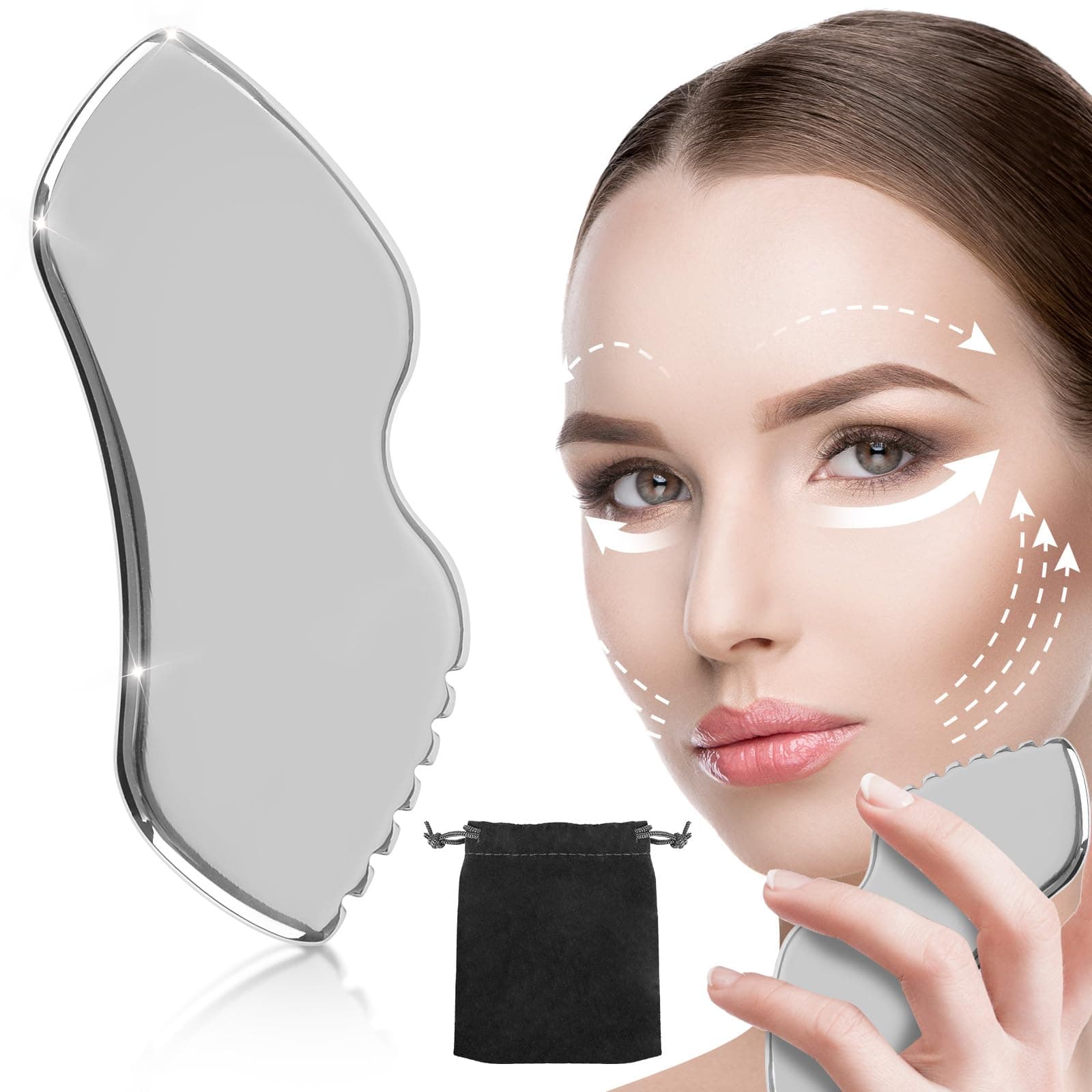 Gua Sha Facial Tools, Premium Stainless Steel Gua Sha Stone Facial Massager, Gua-sha Myofascial Massage Board for Face, Eyes, Neck and Body, Skin Care Gift