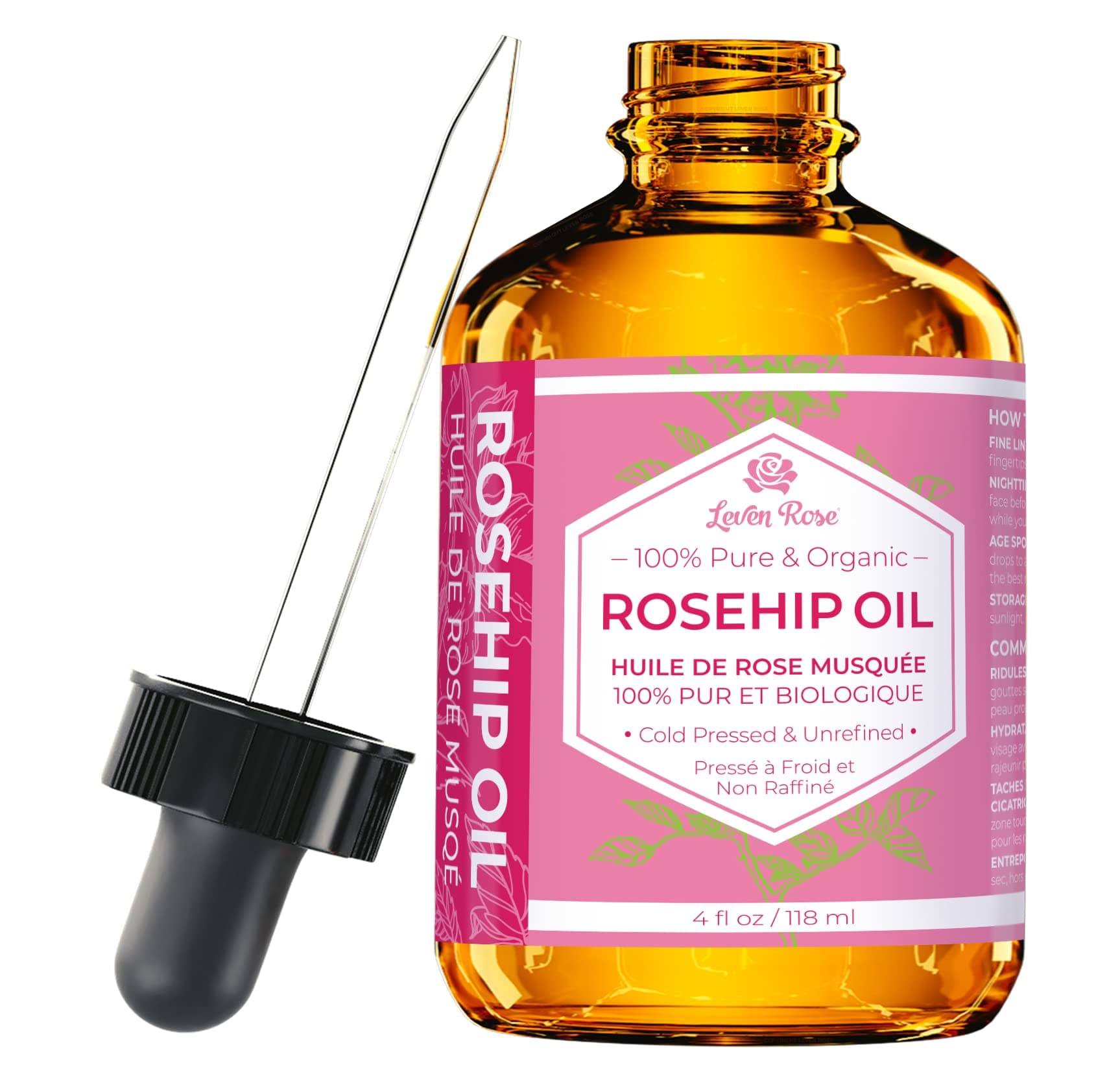 Leven Rose hip Seed Oil, 100% Pure Organic Unrefined Cold Pressed Anti Aging Hip Moisturizer for Hair Skin & Nails (4 oz)