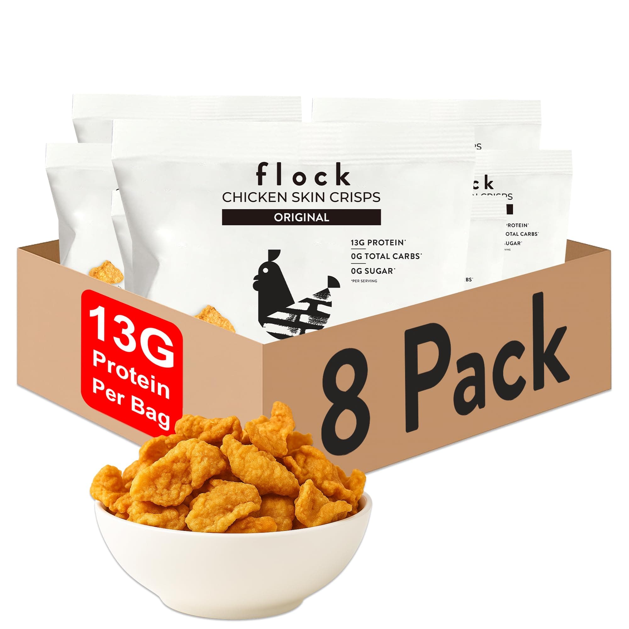 Flock Keto Chicken Skin Chips | Original Flavor Low Carb, High Protein, Sugar Free, Gluten Free - For People (1Oz) 8-Pack Crispy