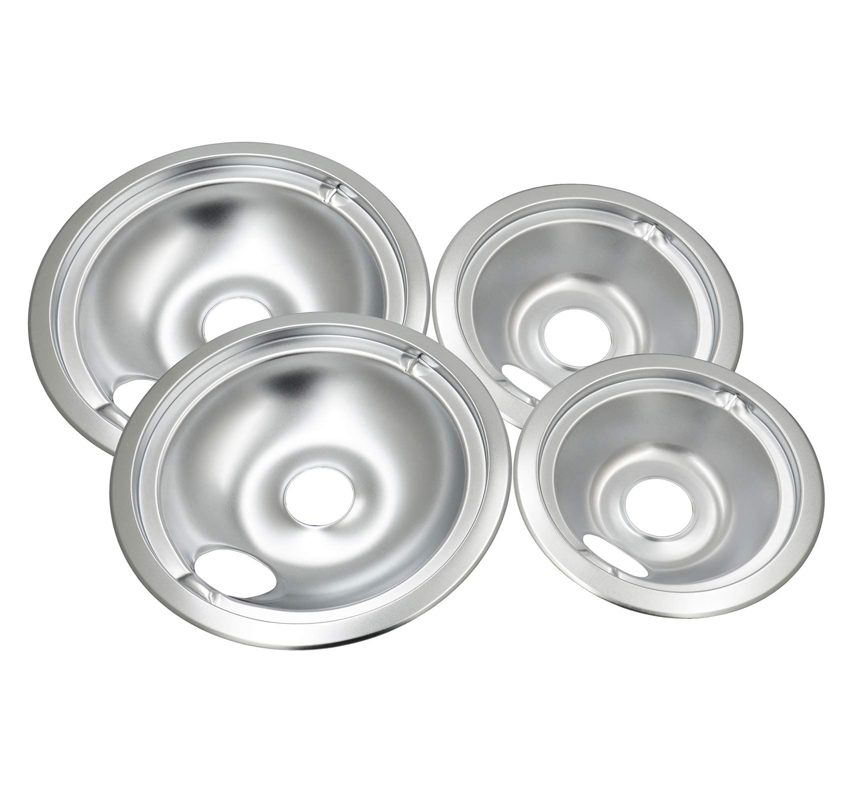 WB31T10010 and WB31T10011 Chrome Oil Drip Pans Replacement Set Compatible with GE Hotpoint Kenmore Electric Range with Locking Slot - Includes 2 6-Inch and 2 8-Inch Pans, 4 Pack, Silver