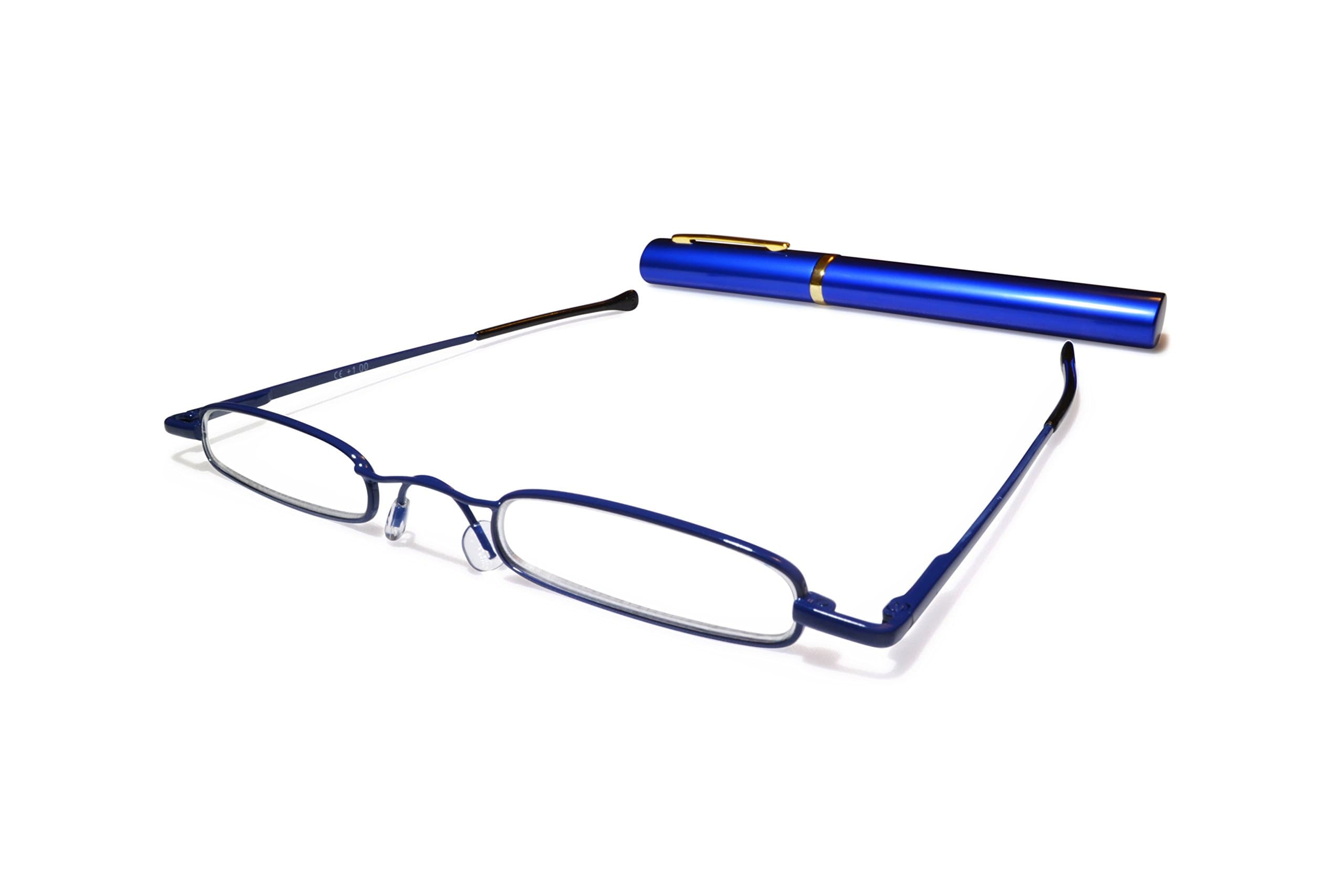 Metal Blue Reading Glasses +2.0, Ultra Slim and Lightweight, CE Certified/EN ISO 12870, Comes with Free Matching Oval Aluminium Tube with Clip